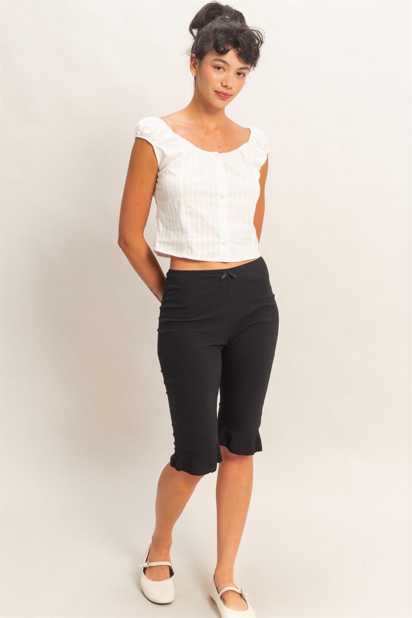 Wholesale Button Front Scoop Neck Cap Sleeve Top Blouses DZ26C199 WHITE DOUBLE ZERO