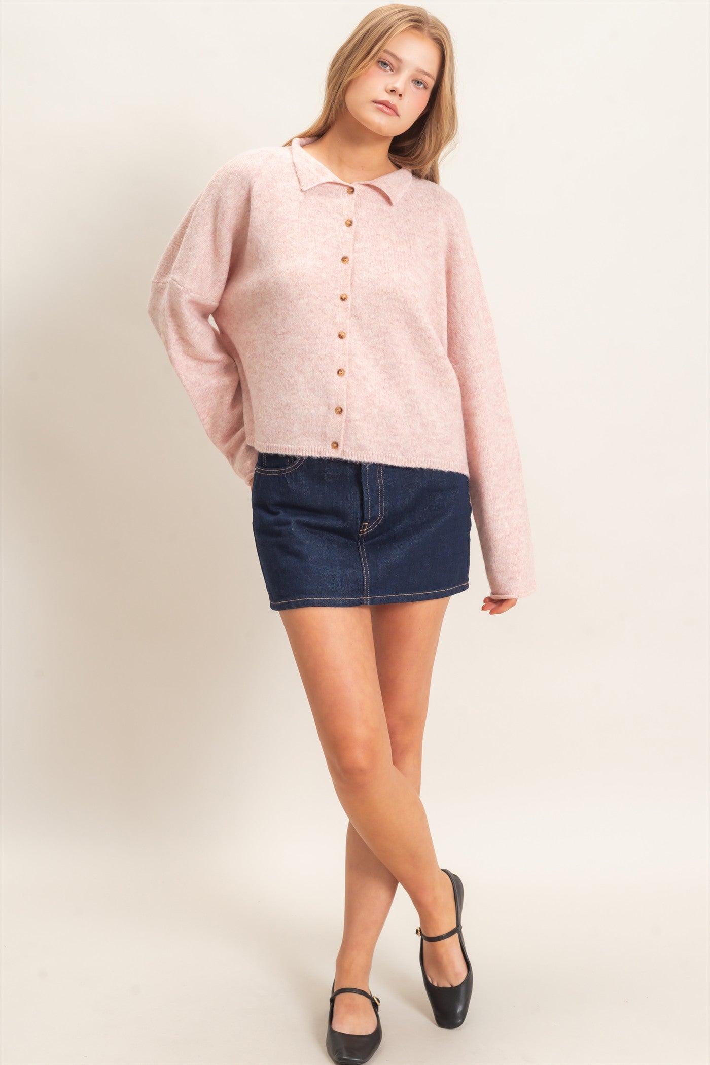 Wholesale Button-Up Collared Sweater Cardigan Cardigans HF26E039 LIGHT PINK HYFVE