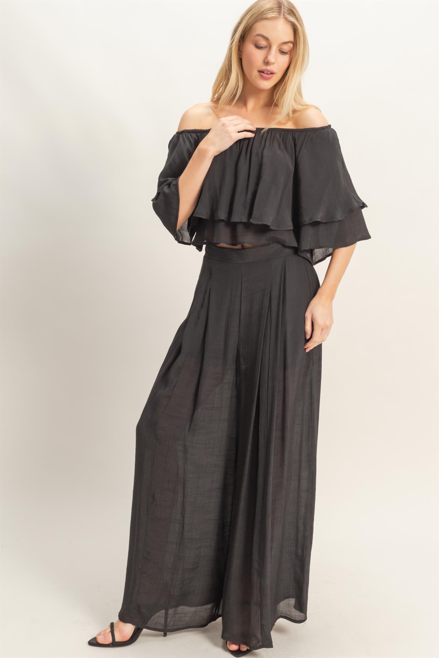 Wholesale Off Shoulder Top & Pleated Pant Set Clothing HF26C291-SET-D BLACK HYFVE