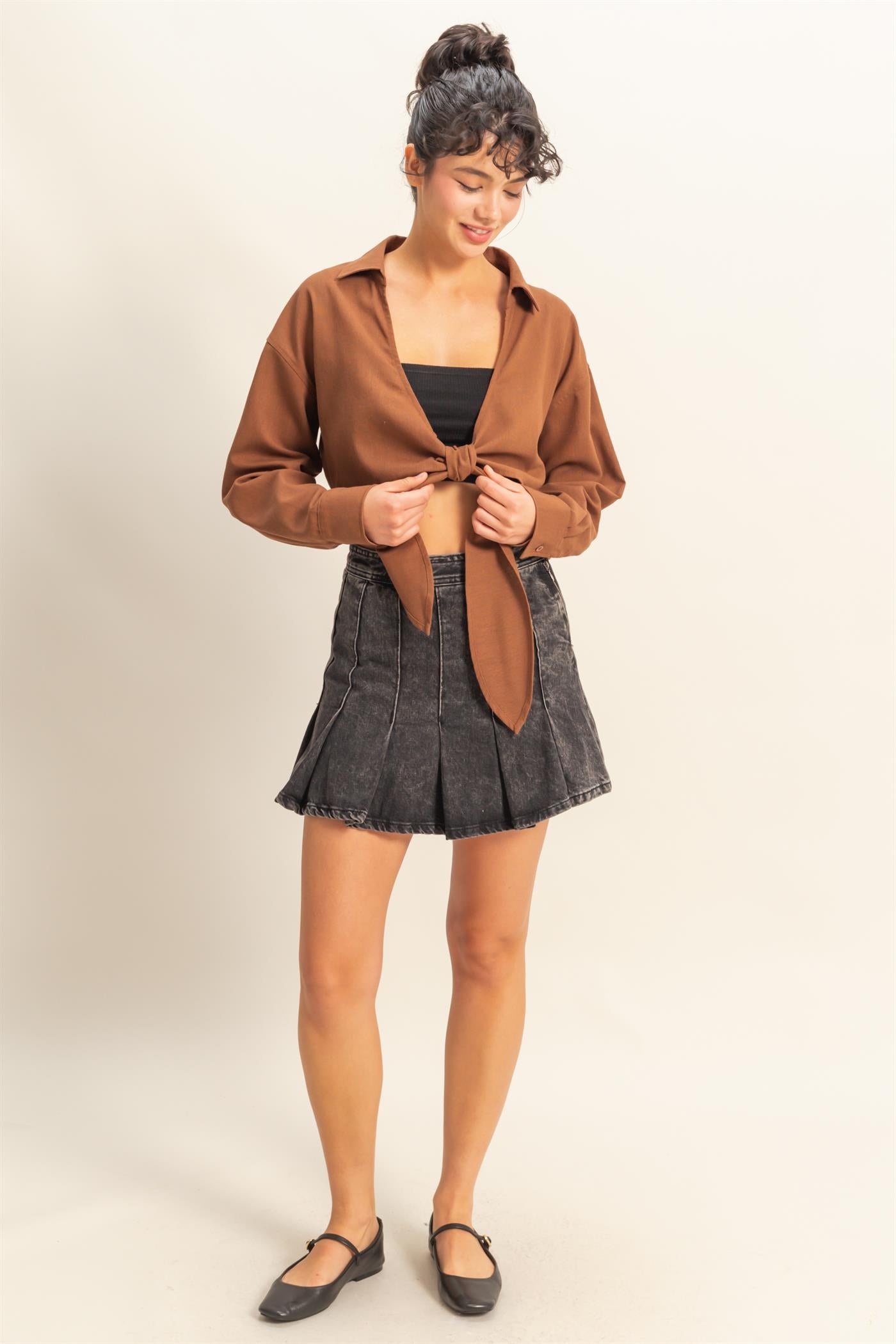 Wholesale Sand Washed Tie Front Crop Top Blouses DZ24C963 CHESTNUT DOUBLE ZERO