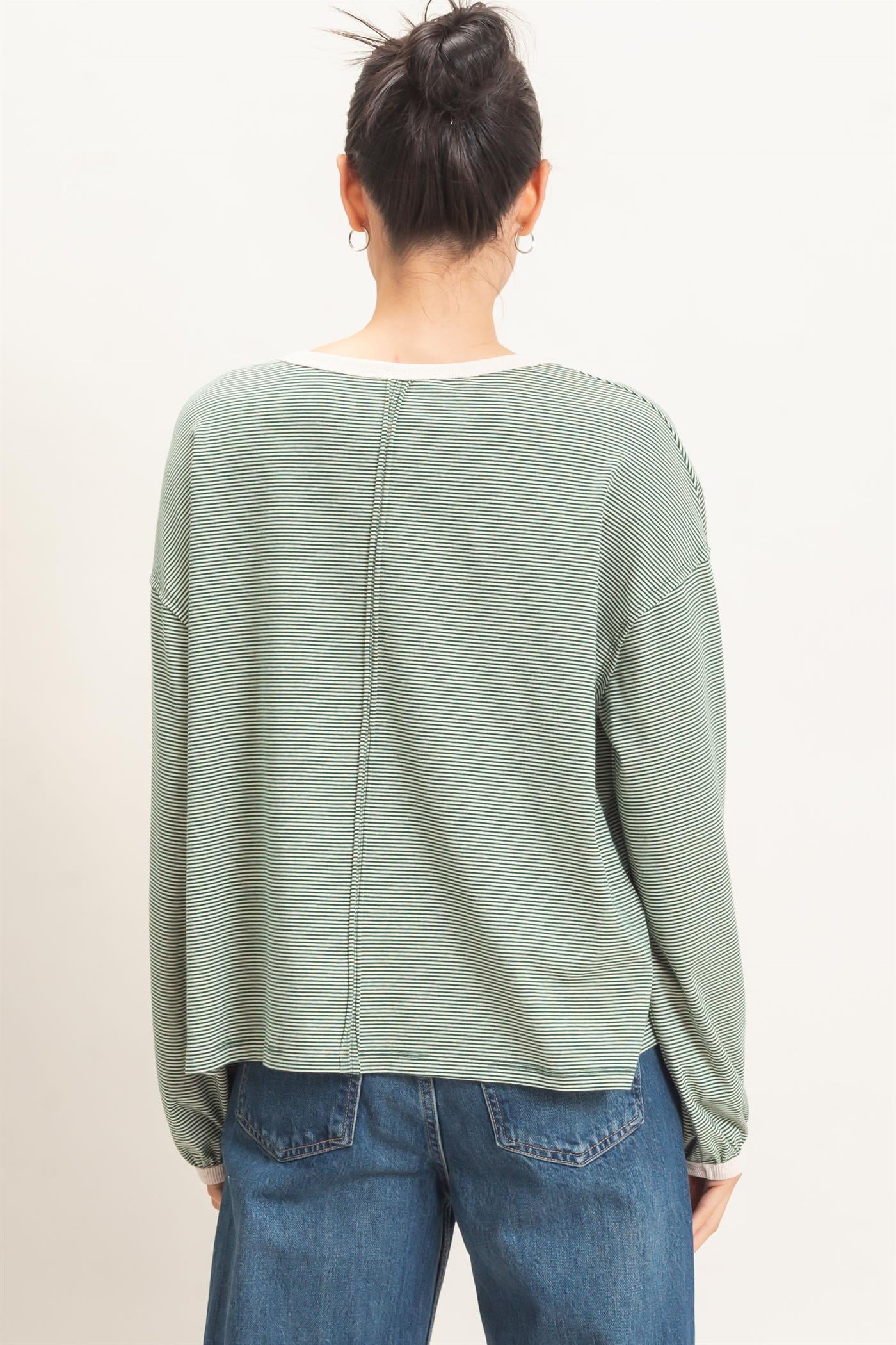 Wholesale Striped Boat Neck Long Sleeve Top Clothing Tops HF26E674 GREEN HYFVE