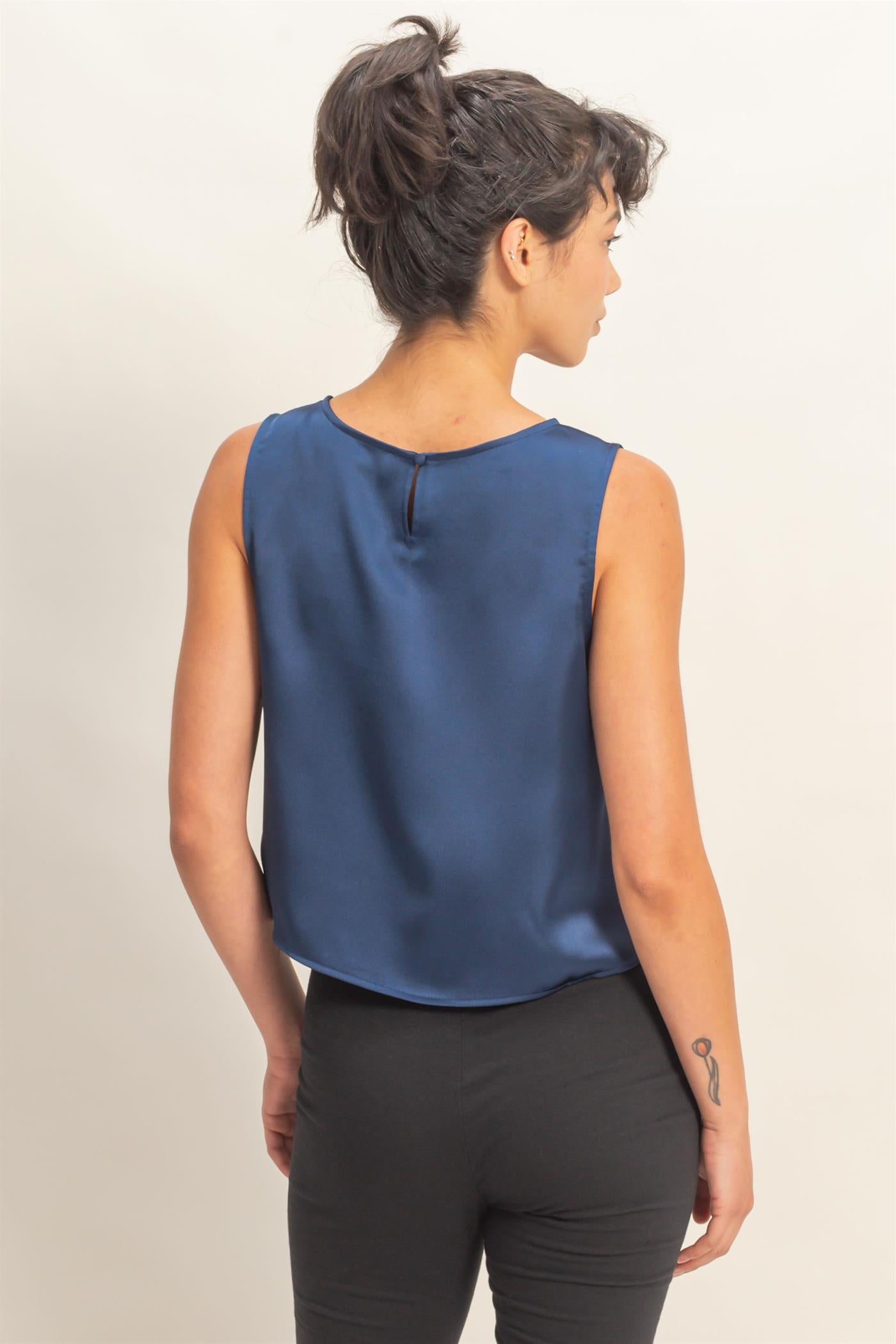 Wholesale Satin Sleeveless Round Neck Top With Back Keyhole Clothing Tops DZ26C084 NAVY DOUBLE ZERO