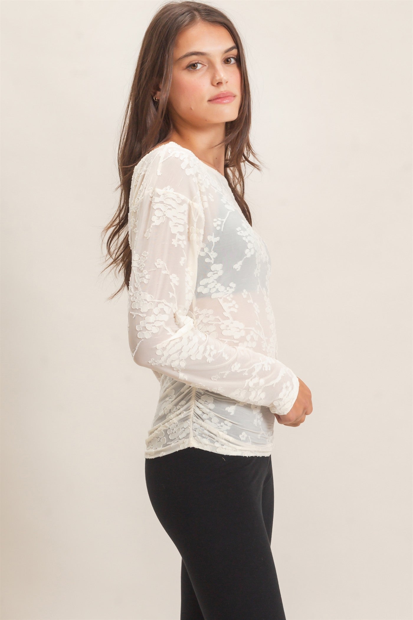 Wholesale Sheer Lace Boat Neck Top Blouses HF26E761 IVORY HYFVE