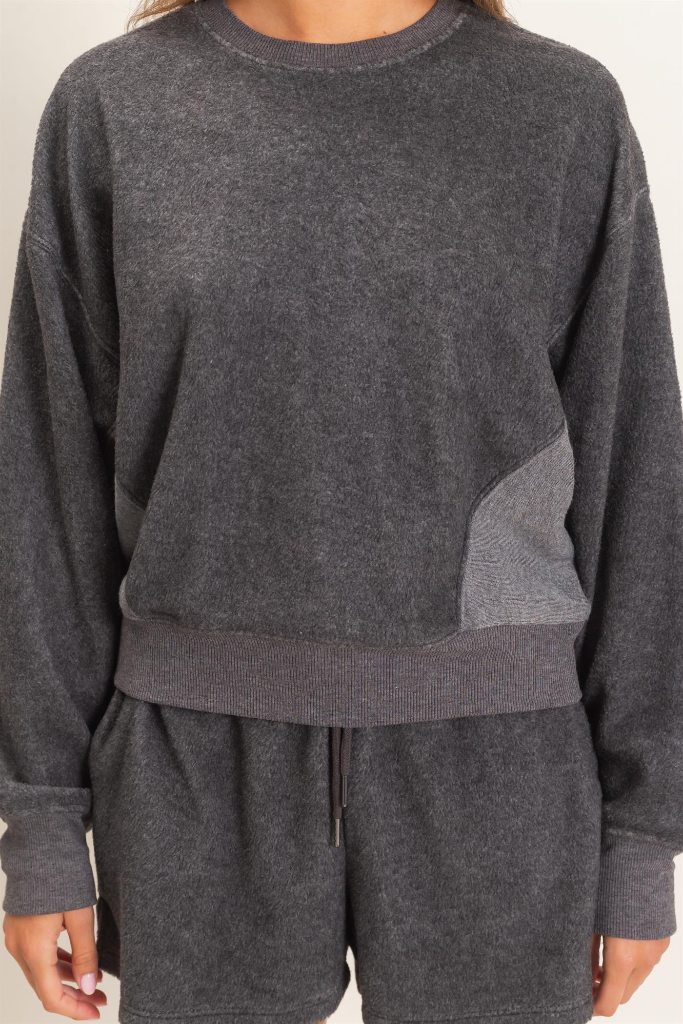 Wholesale Contrast Sweatshirt & Shorts Set Clothing DZ25F478-SET CHARCOAL DOUBLE ZERO
