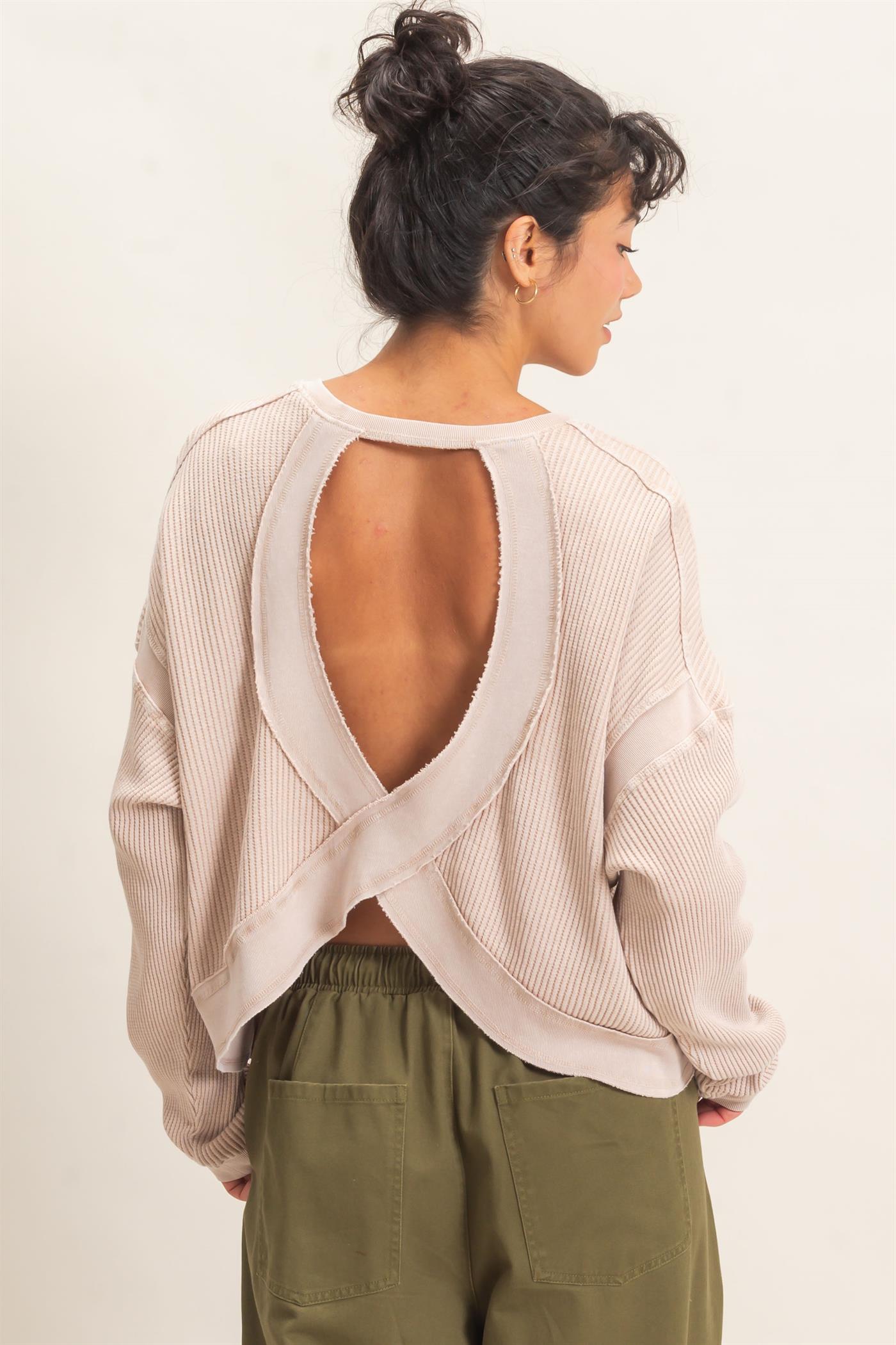 Wholesale Mineral Wash Waffle Open Back Top Clothing Tops DZ26C964 DARK TAUPE DOUBLE ZERO