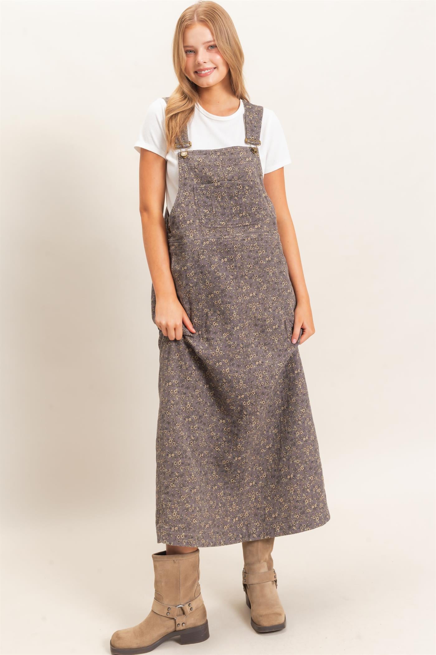Wholesale Floral Garment Wash Overall Dress Dresses HF26C838 ASH HYFVE