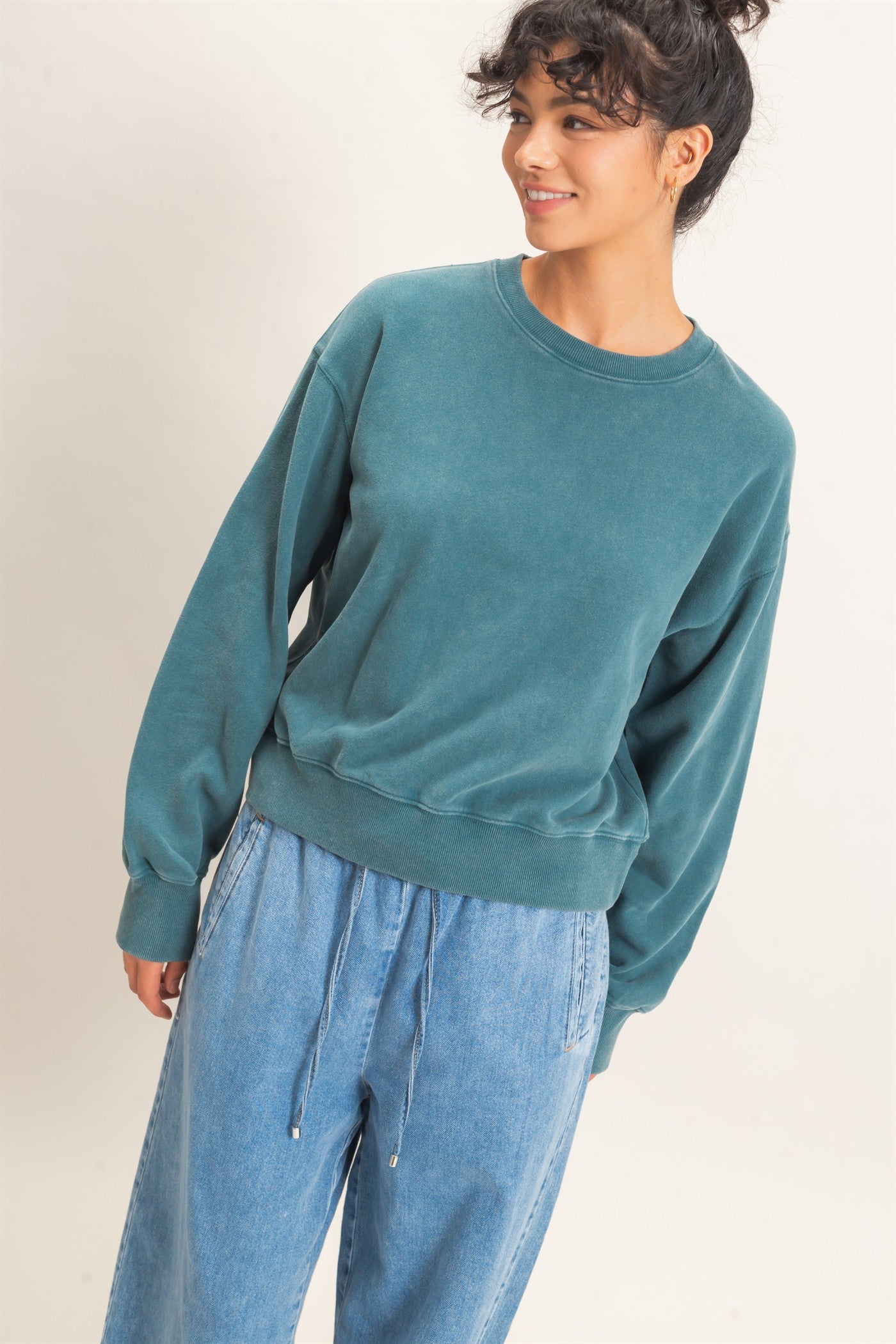 Wholesale Acid Wash Crew Neck Sweatshirt Sweatshirts DZ26E082 DARK TEAL DOUBLE ZERO