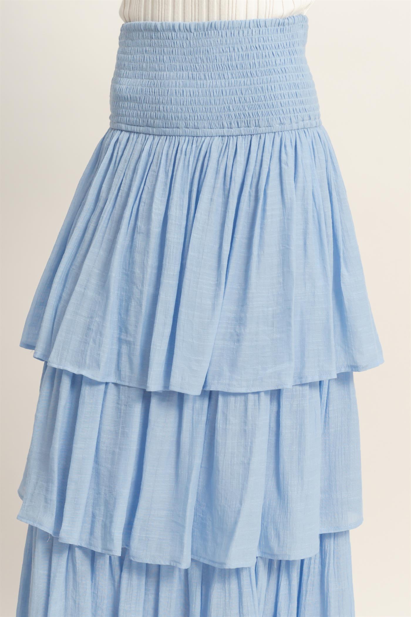 Wholesale Tiered Smocked Waist Skirt Skirts HF26C188-D POWDER BLUE HYFVE
