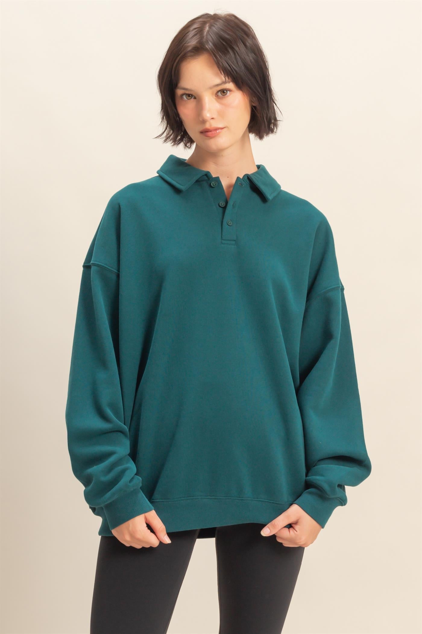 Wholesale Oversized Polo Collared Pullover Sweatshirts DZ25F074 DEEP GREEN DOUBLE ZERO