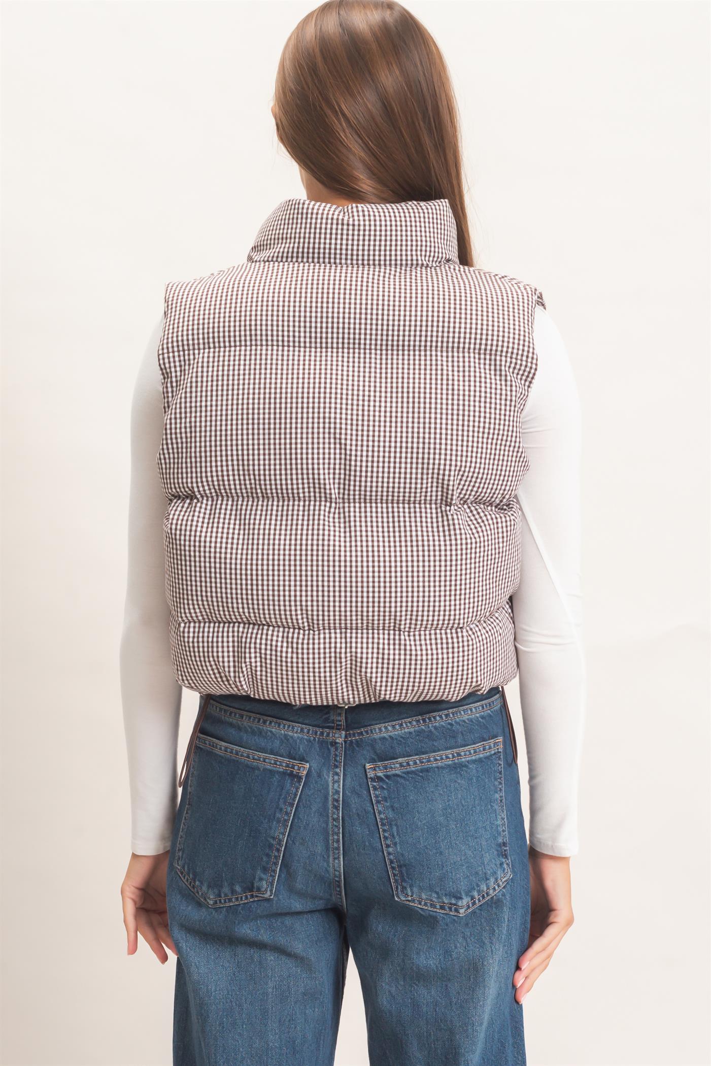 Wholesale Gingham Puffer Vest Vests DZ26F309 BROWN DOUBLE ZERO