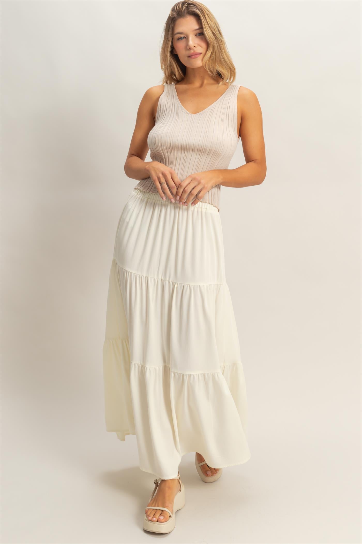 Wholesale Elastic Waist 3-Tier Skirt Skirts HF26E340-D OFF WHITE HYFVE