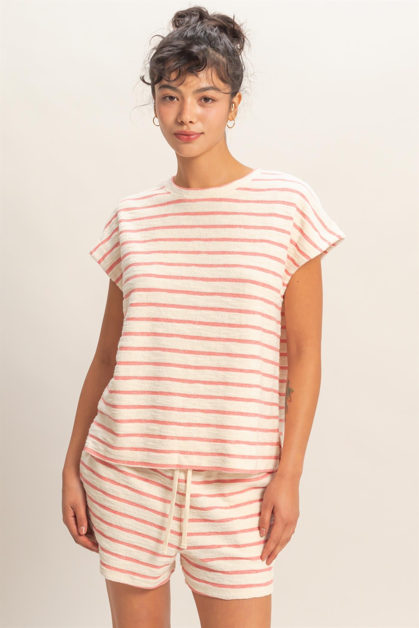 Wholesale Striped Round Neck Short Sleeve Top Clothing Tops DZ26A754 RED DOUBLE ZERO