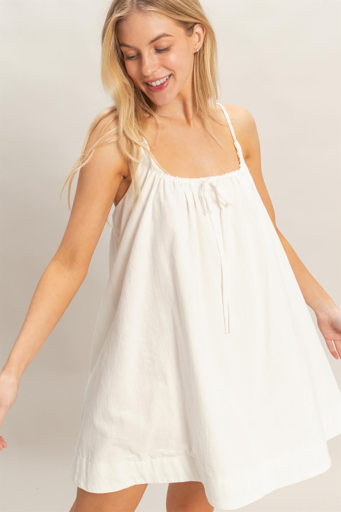 Wholesale Gathered Tie Strap Dress Dresses HF26A237 OFF WHITE HYFVE