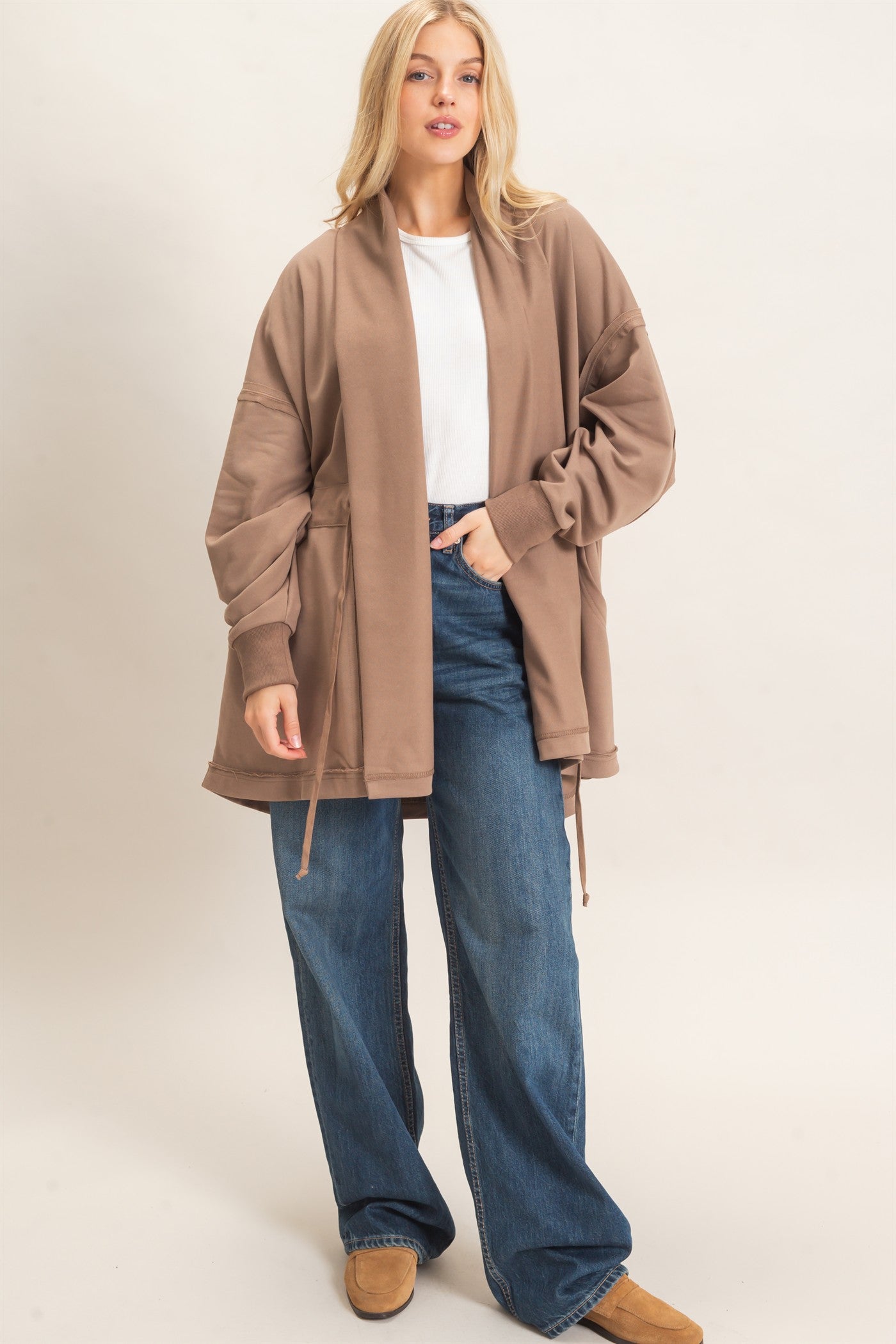 Wholesale Open Front Tie Waist Cardigan Cardigans HF26C778 MOCHA HYFVE