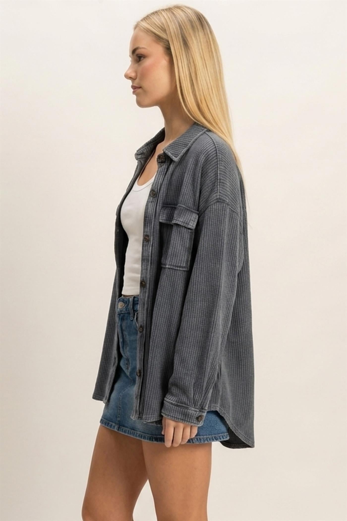 Wholesale Mineral Wash Waffle Knit Button-Up Shacket Coats & Jackets DZ26E249 DARK GRAY DOUBLE ZERO