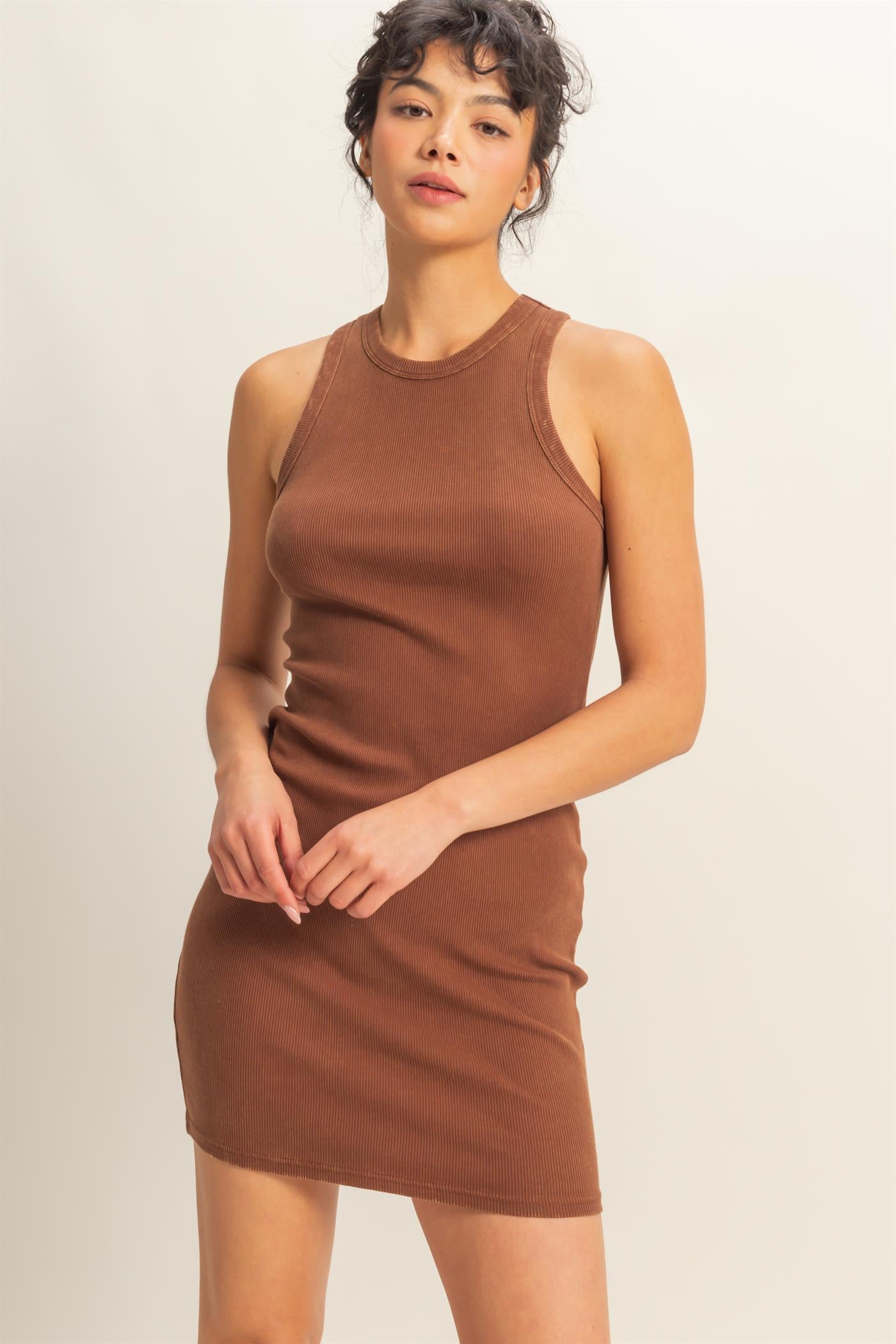 Wholesale Acid Washed Ribbed Mini Dress Dresses DZ25E297 CHESTNUT DOUBLE ZERO