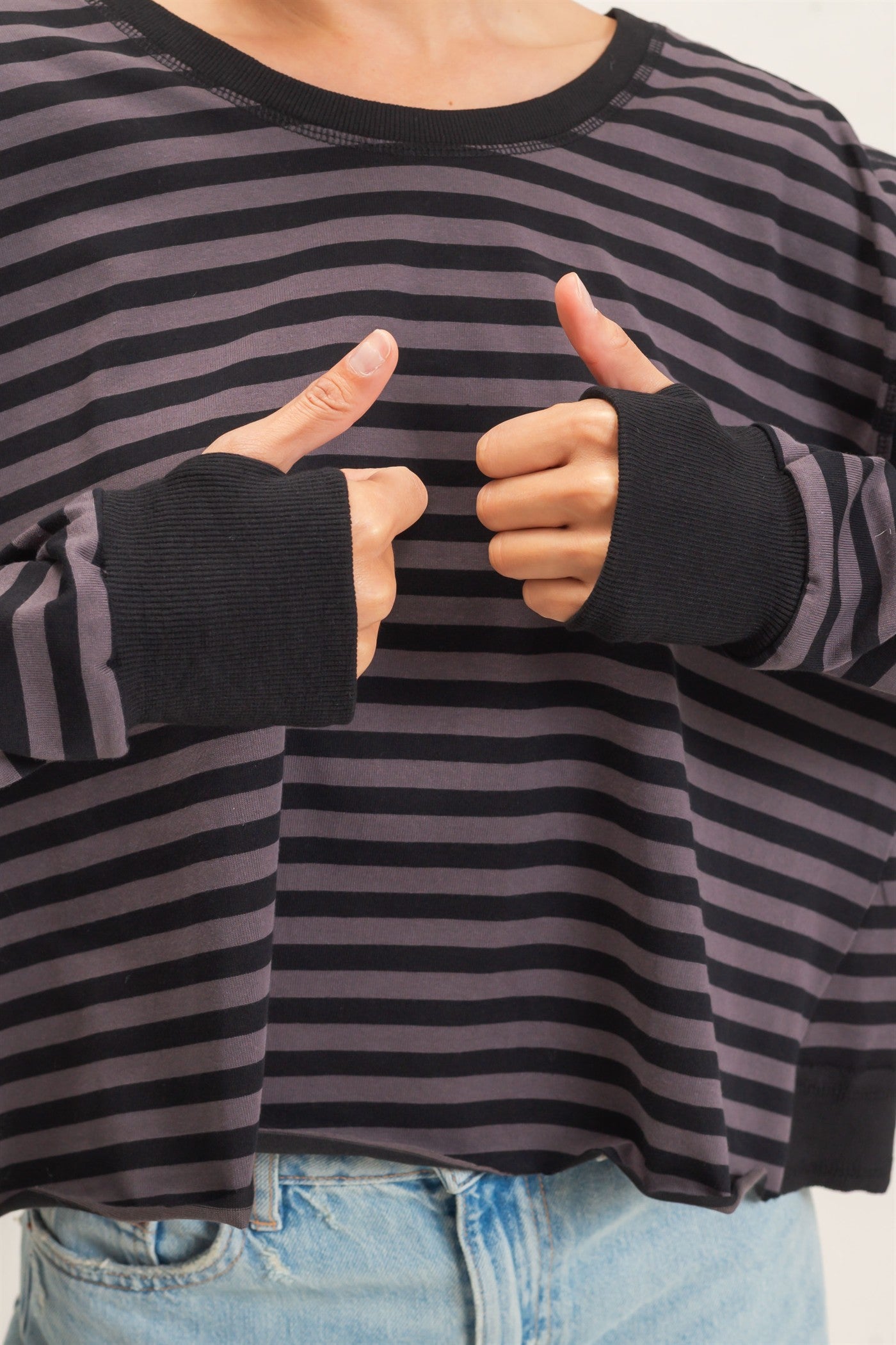 Wholesale Striped Long Sleeve Top Clothing Tops HF26C908-D CHARCOAL HYFVE