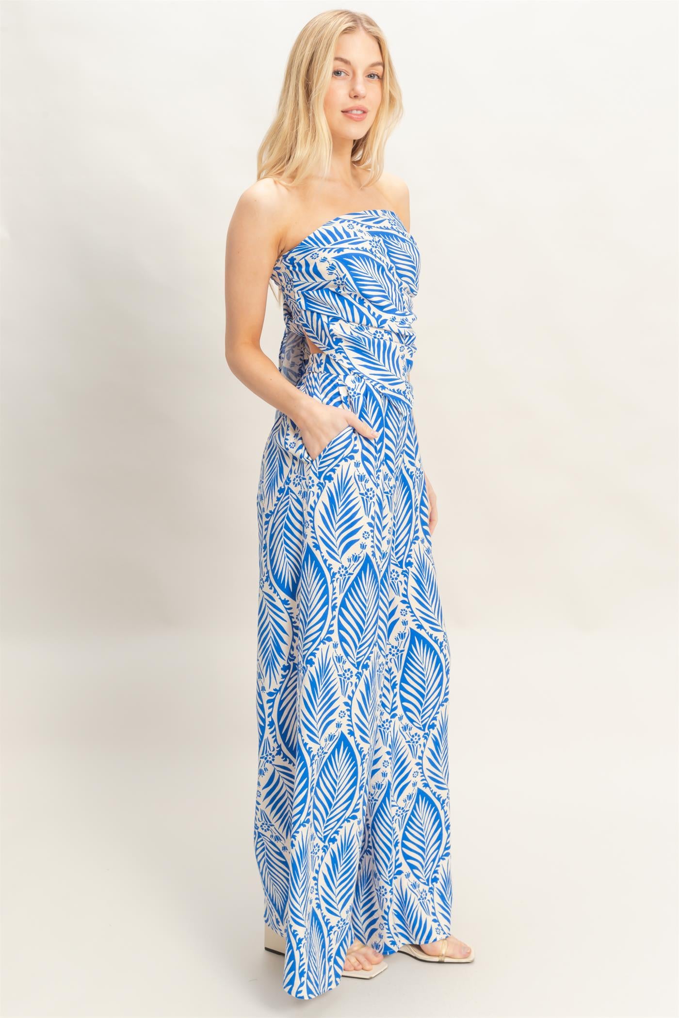 Wholesale Strapless Top & Pant Print Set Clothing HF25E577-SET-D BLUE HYFVE