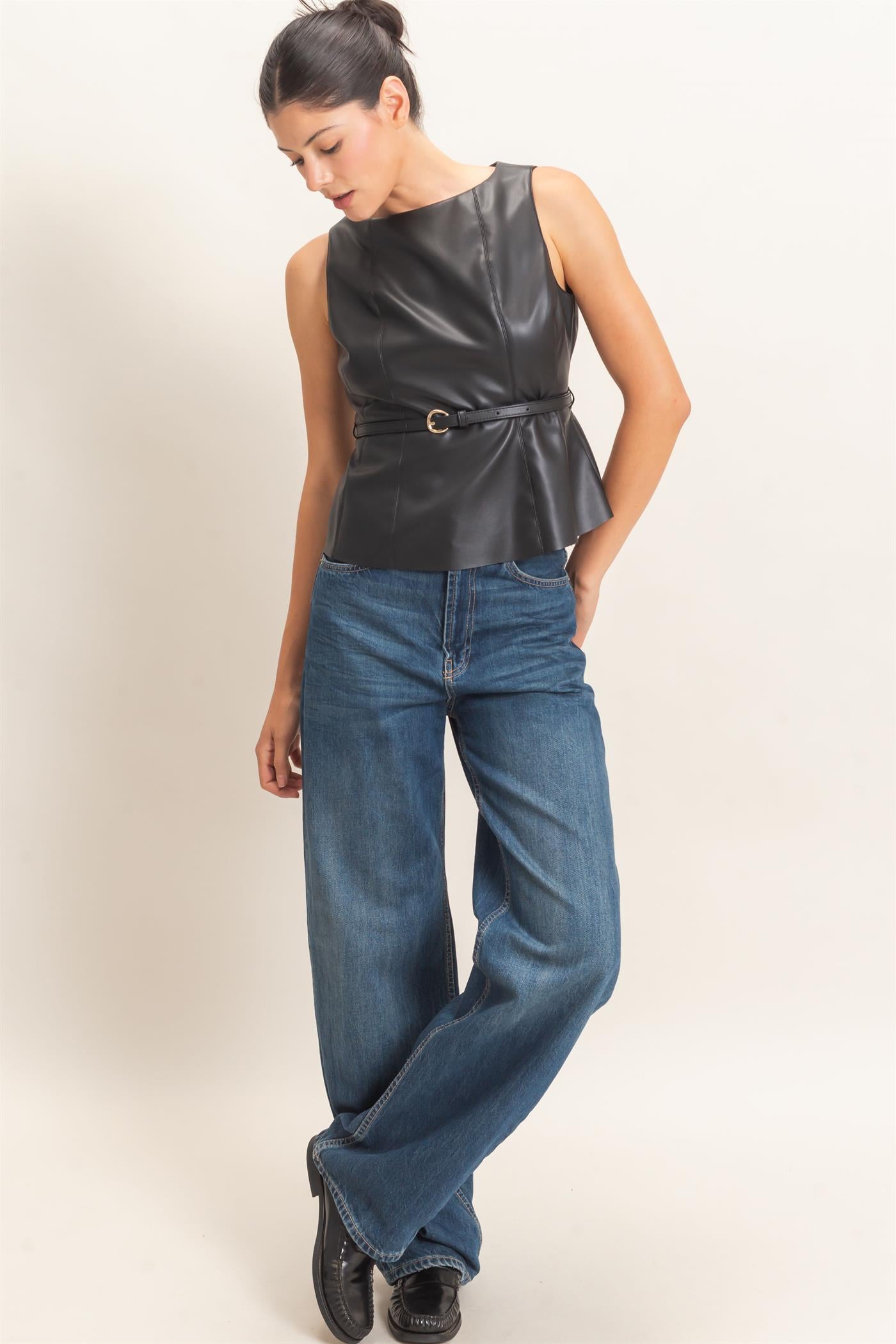 Wholesale Sleek Faux Leather Belted Top Clothing Tops HF26E543 BLACK HYFVE