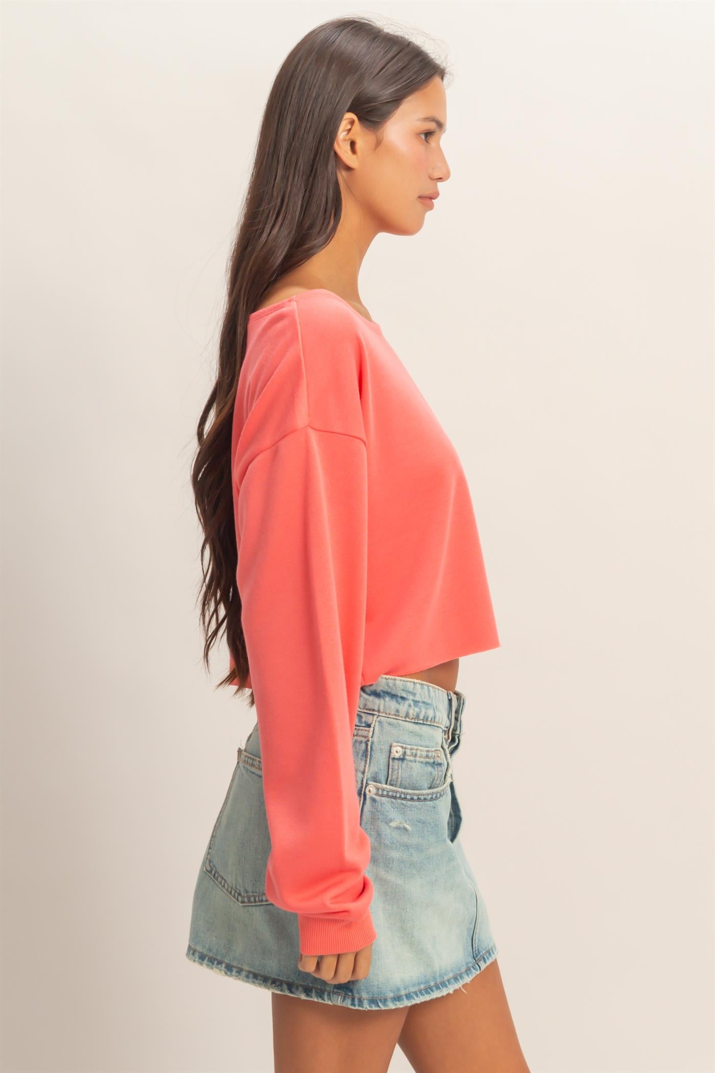 Wholesale Casually Cute Boat Neck Long Sleeve Top Clothing Tops DZ25C023 CORAL DOUBLE ZERO