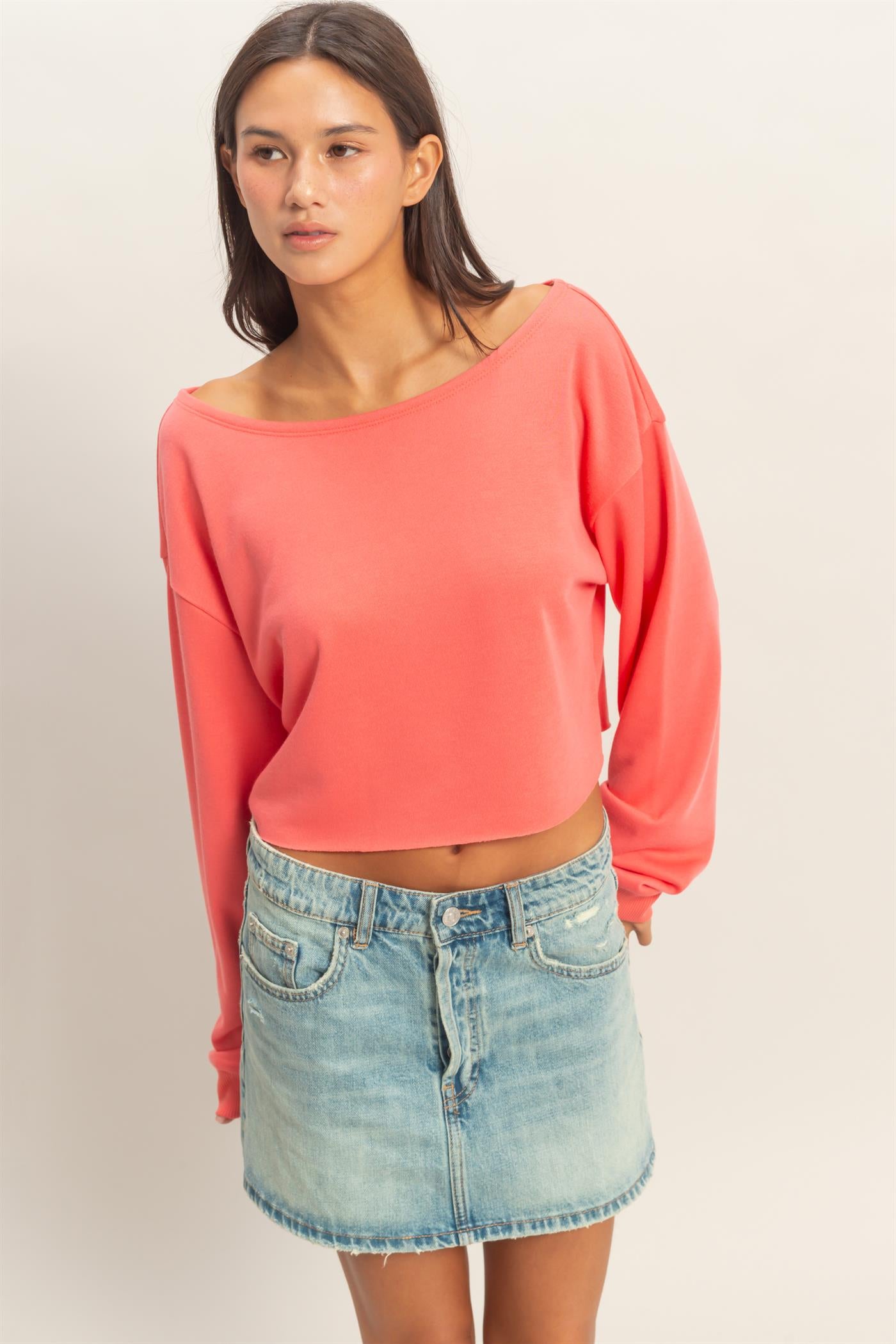 Wholesale Casually Cute Boat Neck Long Sleeve Top Clothing Tops DZ25C023 CORAL DOUBLE ZERO