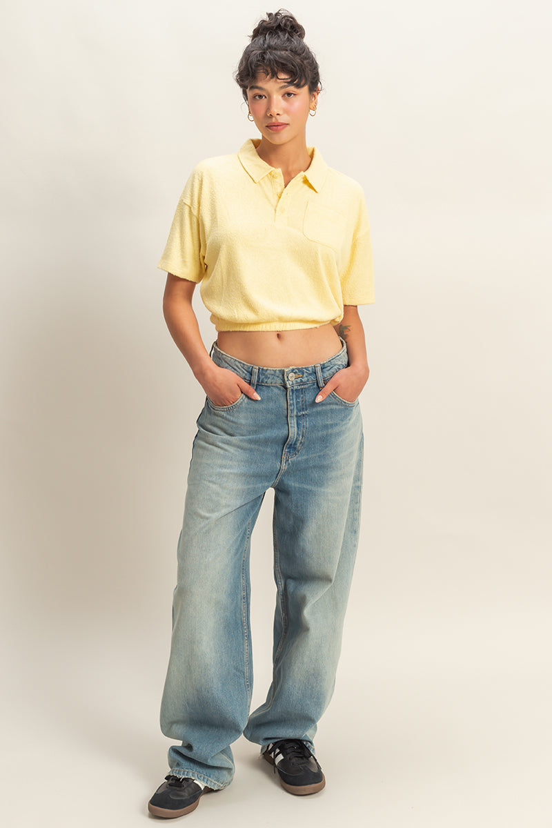 Wholesale Collared Short Sleeve Crop Top Clothing Tops DZ22A477 BUTTER DOUBLE ZERO