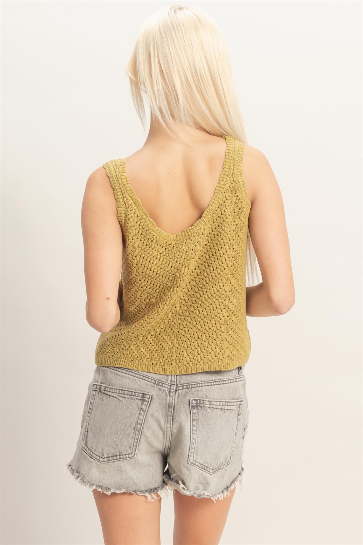 Wholesale Open Knit Scallop Edge Button Front Tank Top Tank Tops DZ26A221 OLIVE DOUBLE ZERO