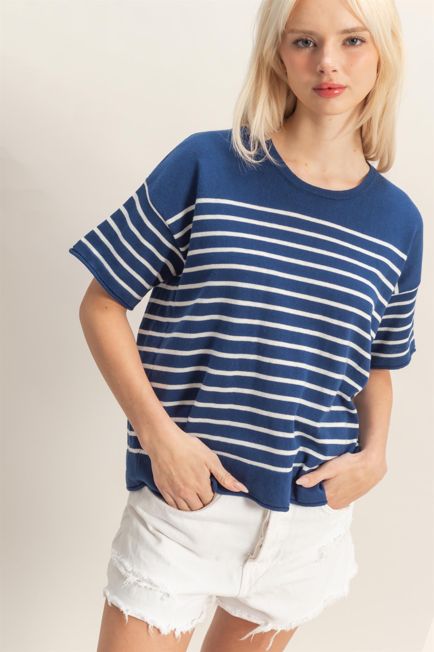 Wholesale Striped Short Sleeve Knit Top Clothing Tops DZ26A838 NAVY DOUBLE ZERO