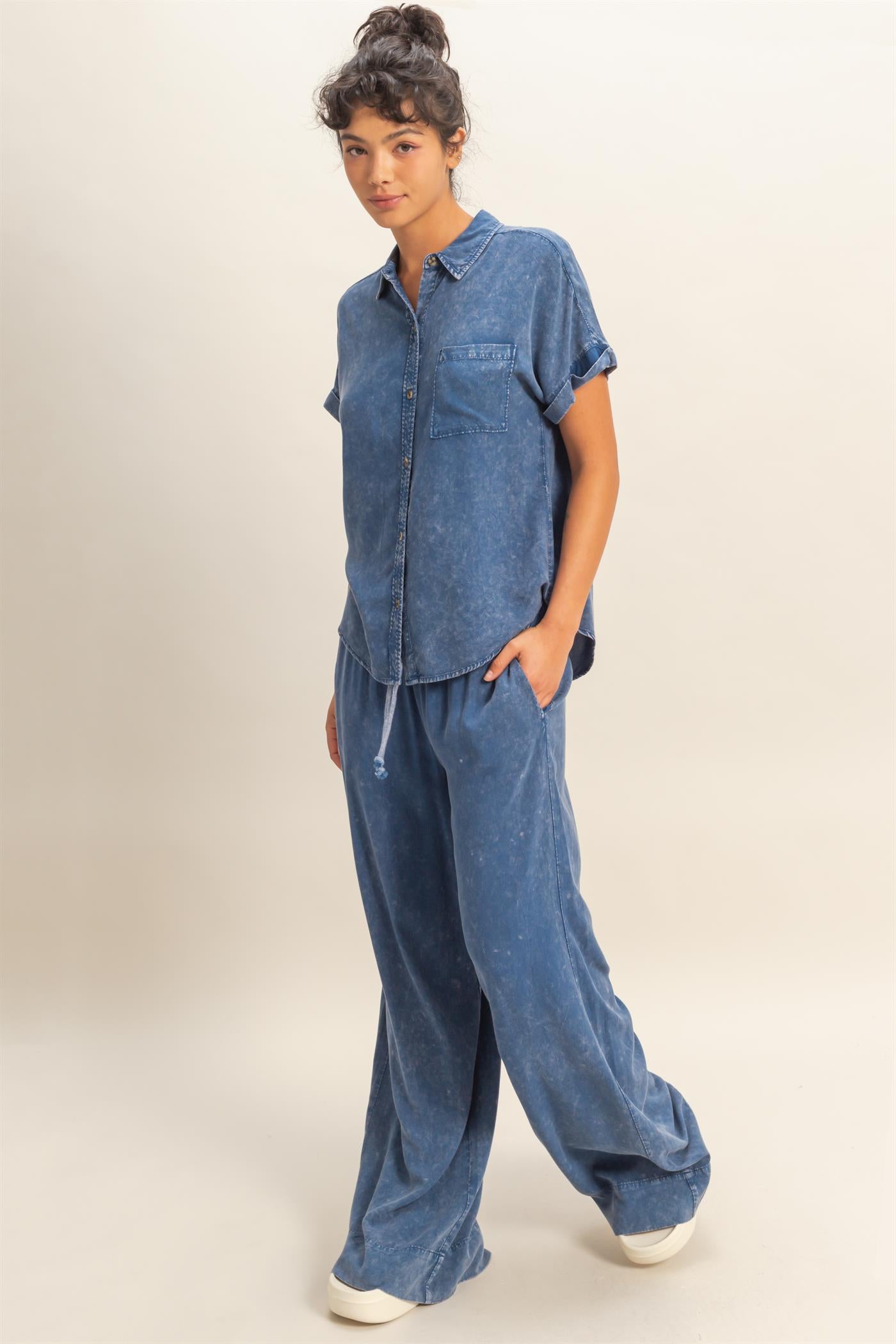 Wholesale Mineral Wash Button-Up Dolman Sleeve Shirt Shirts DZ26C132 NAVY DOUBLE ZERO
