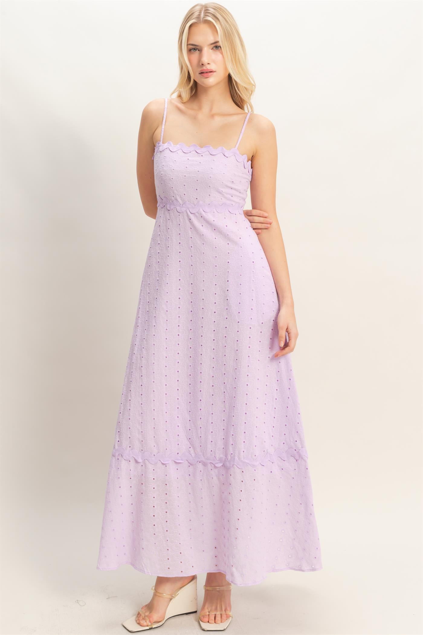 Wholesale Scallop Trim Eyelet Midi Dress Dresses HF26A694 LAVENDER HYFVE