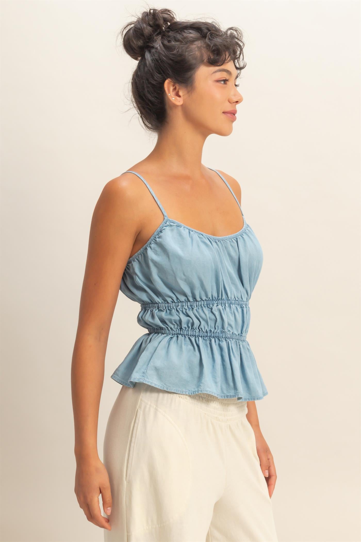 Wholesale Cinched Waist Peplum Top Camisoles DZ26C101 LIGHT BLUE DOUBLE ZERO
