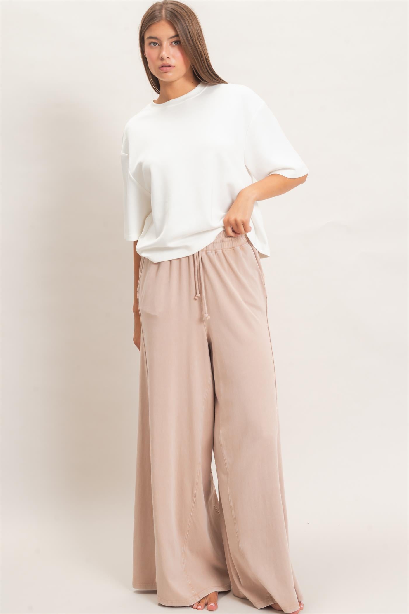 Wholesale Wide Leg Mineral Wash Pants Pants DZ26F406 DARK TAUPE DOUBLE ZERO