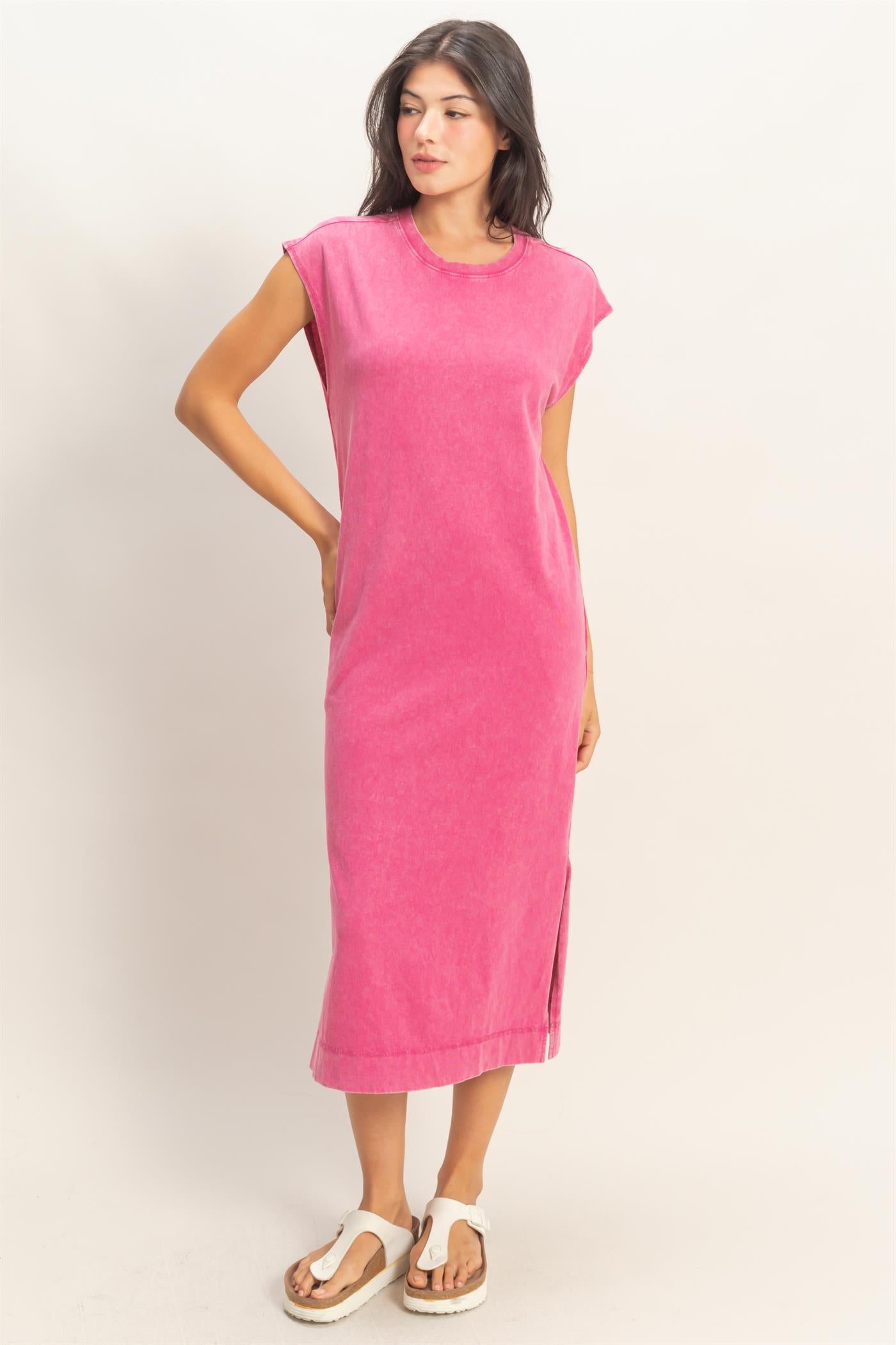 Wholesale Mineral Wash Cap Sleeve Midi Dress Dresses DZ26A049 FUCHSIA DOUBLE ZERO