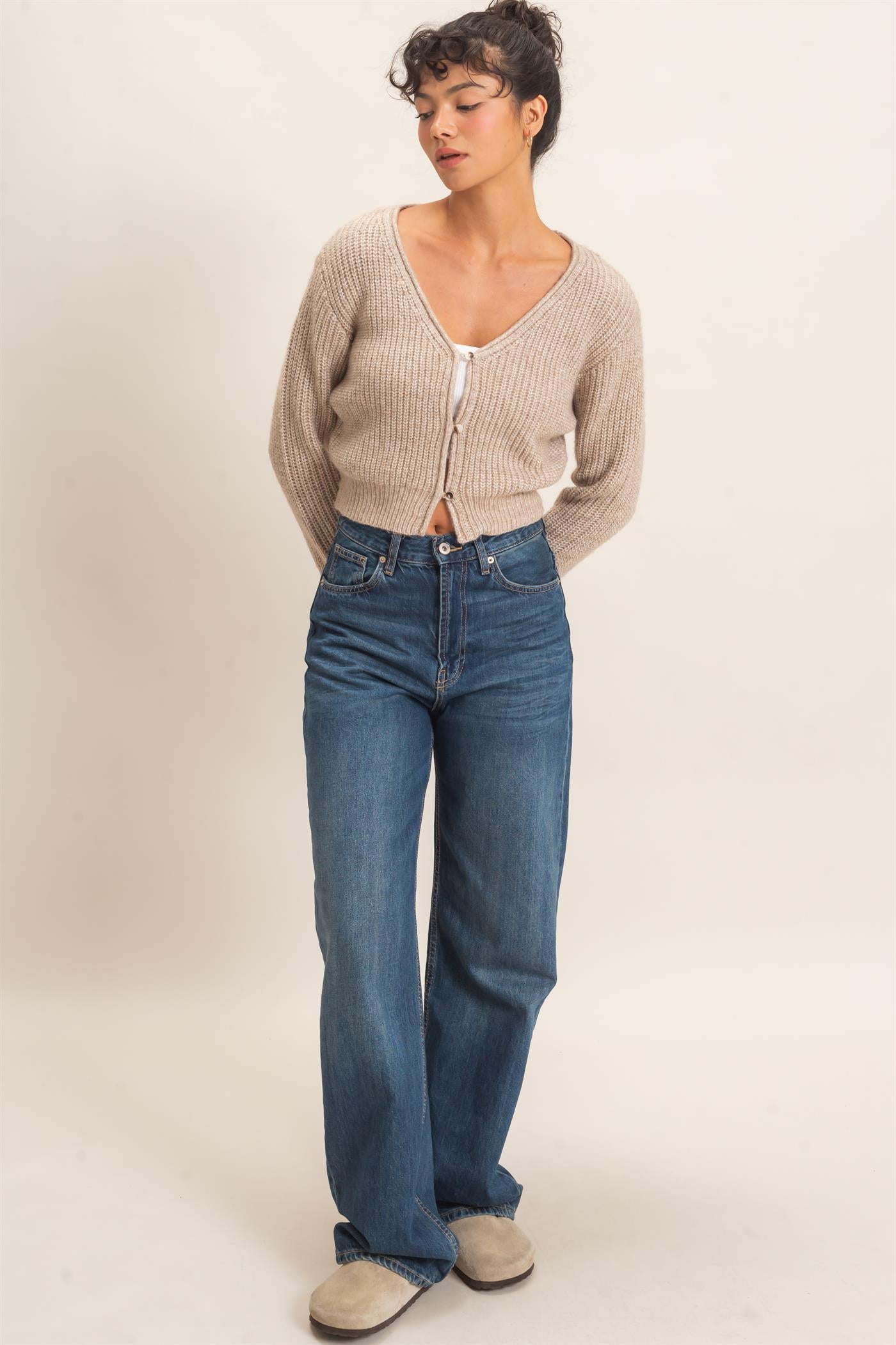 Wholesale V-Neck Ribbed Cardigan Cardigans DZ26E106 TAUPE DOUBLE ZERO