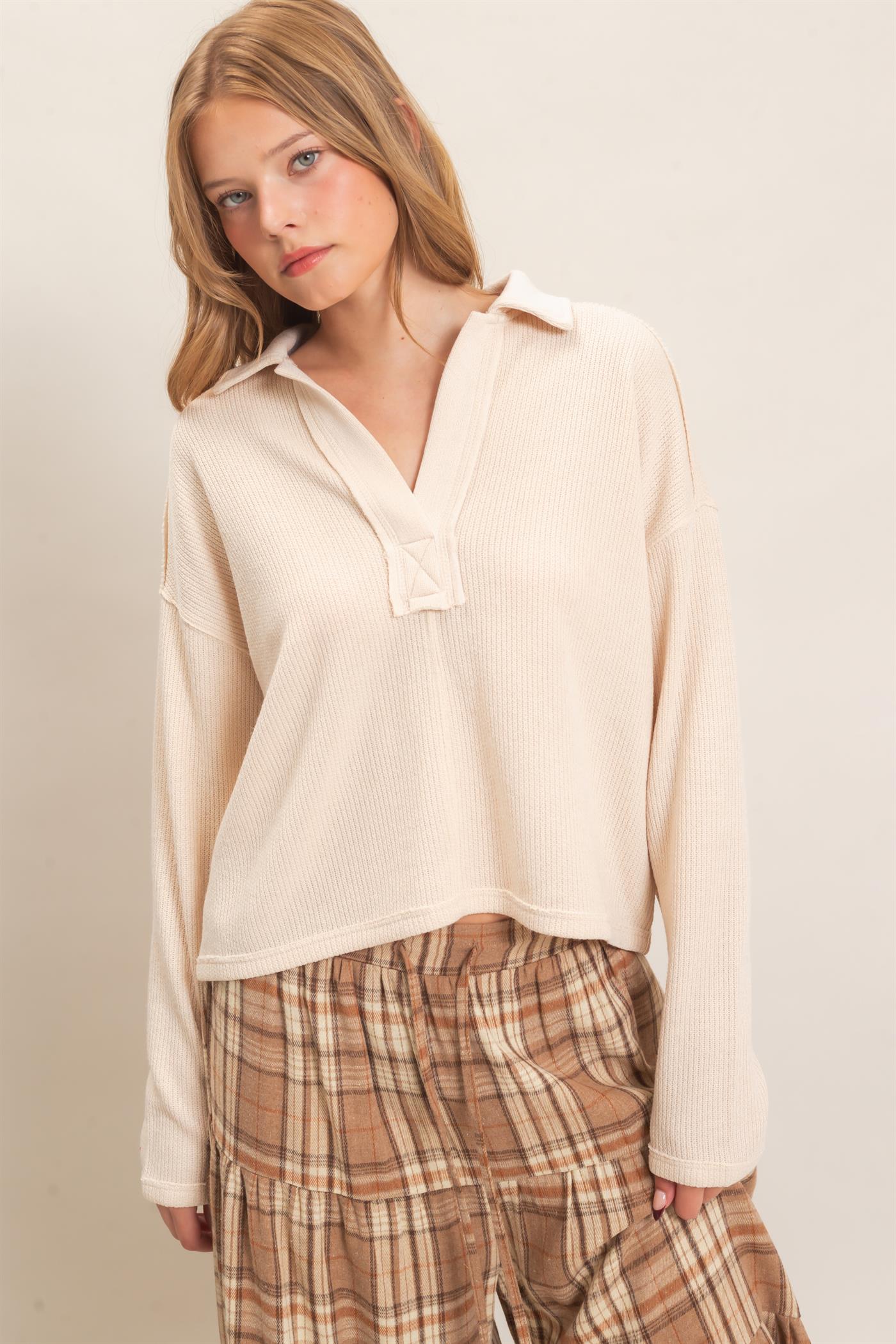 Wholesale Ribbed Collared Pullover Top Clothing Tops HF26E472 CREAM HYFVE
