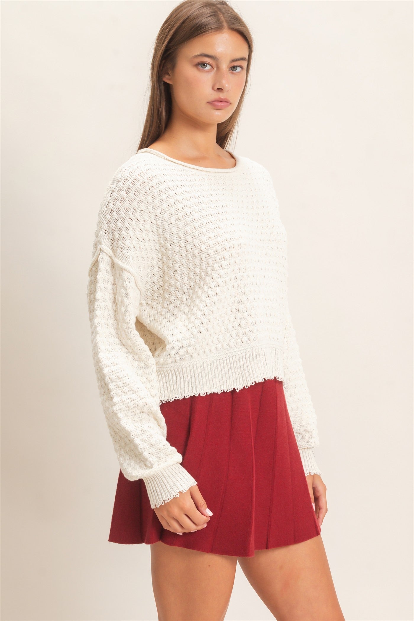 Wholesale Textured Boat Neck Sweater Sweaters DZ26E880 CREAM DOUBLE ZERO