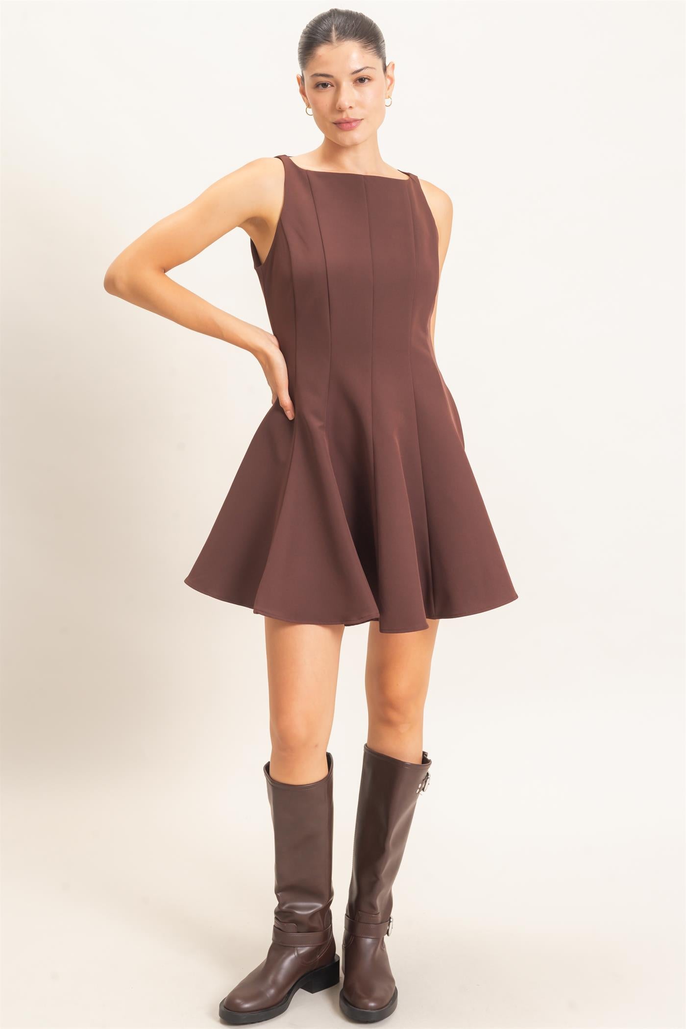Wholesale Sleeveless Fit And Flare Dress Dresses HF26F217 CHOCOLATE HYFVE