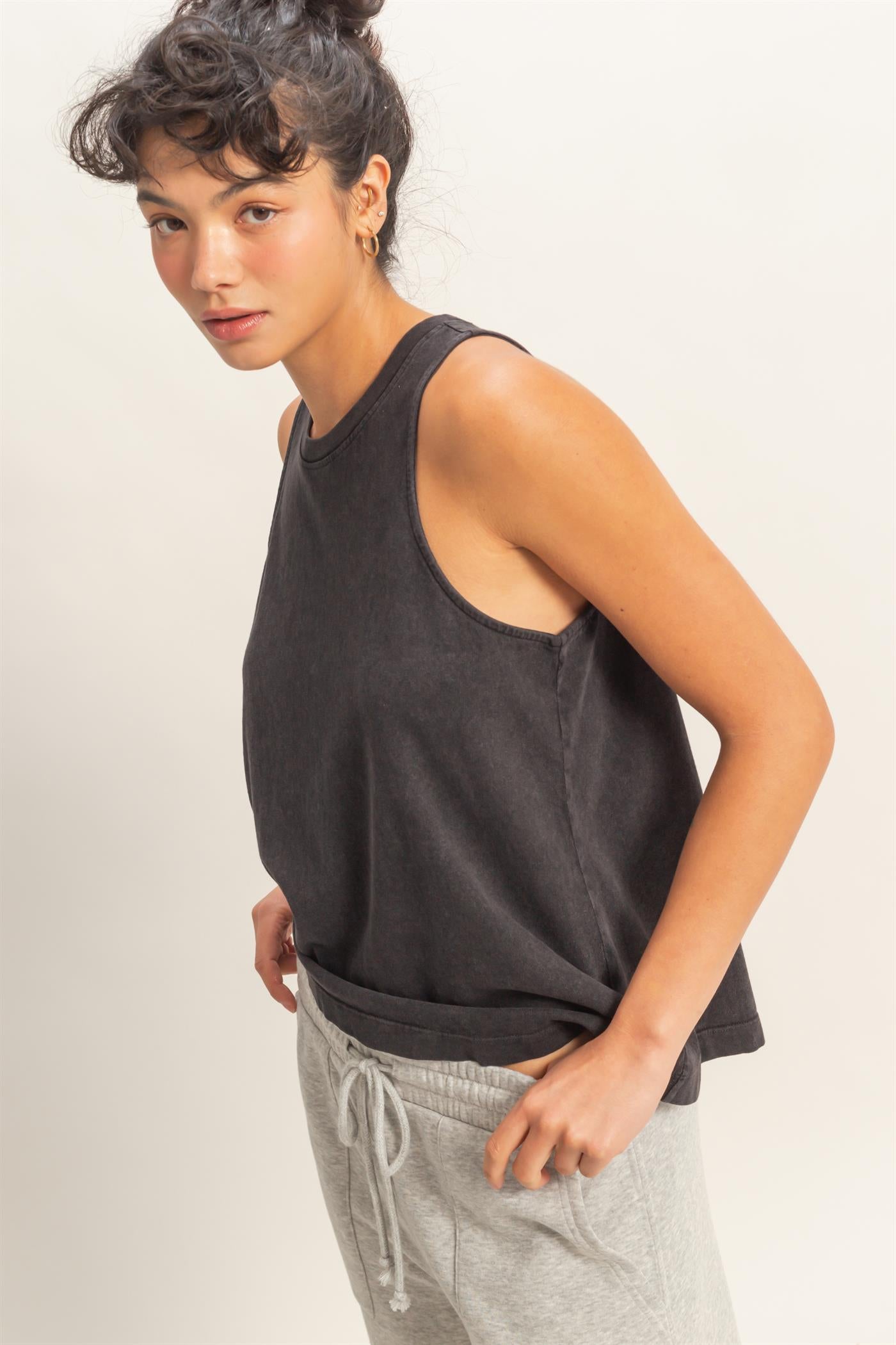 Wholesale Mineral Washed Sleeveless Top Clothing Tops DZ26A739 BLACK DOUBLE ZERO