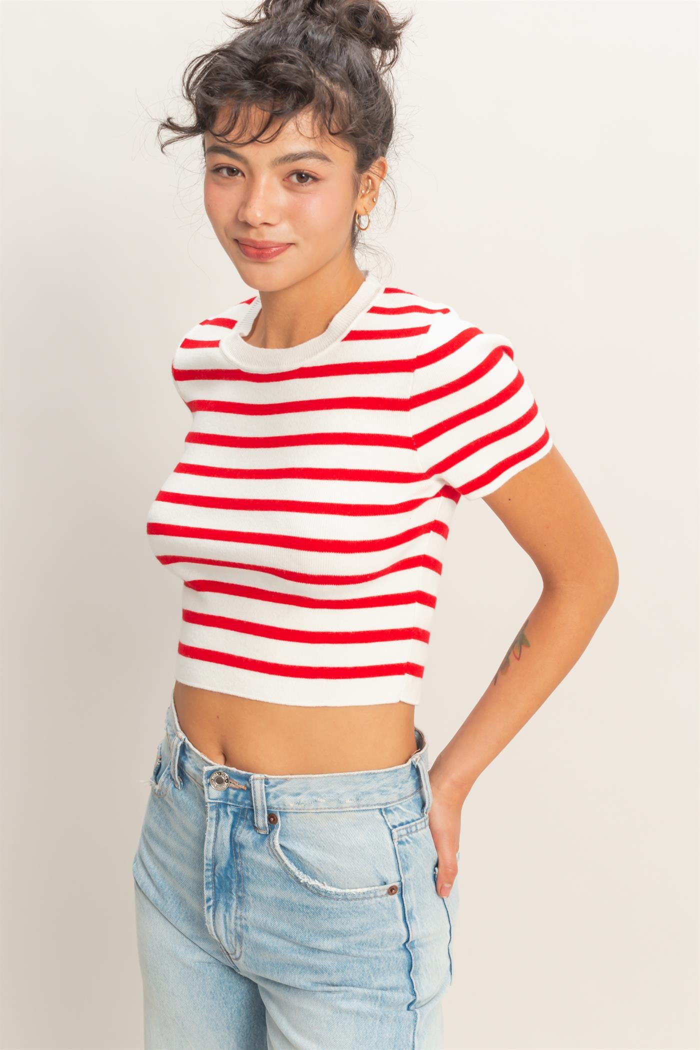 Wholesale Striped And Knit Crew Neck Crop Top Clothing Tops DZ26A139 RED DOUBLE ZERO