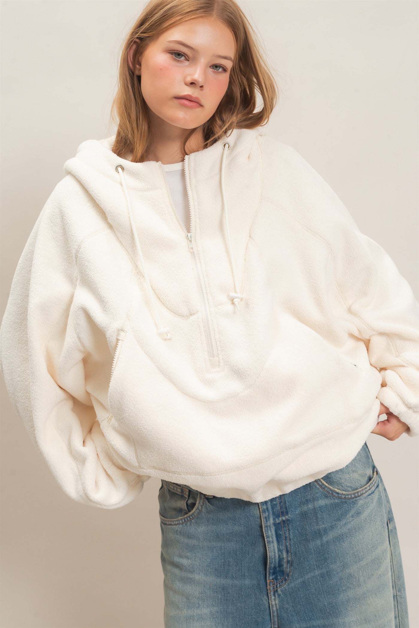 Wholesale Half-Zip Fleece Hoodie Hoodies HF26E561 WHIP CREAM HYFVE