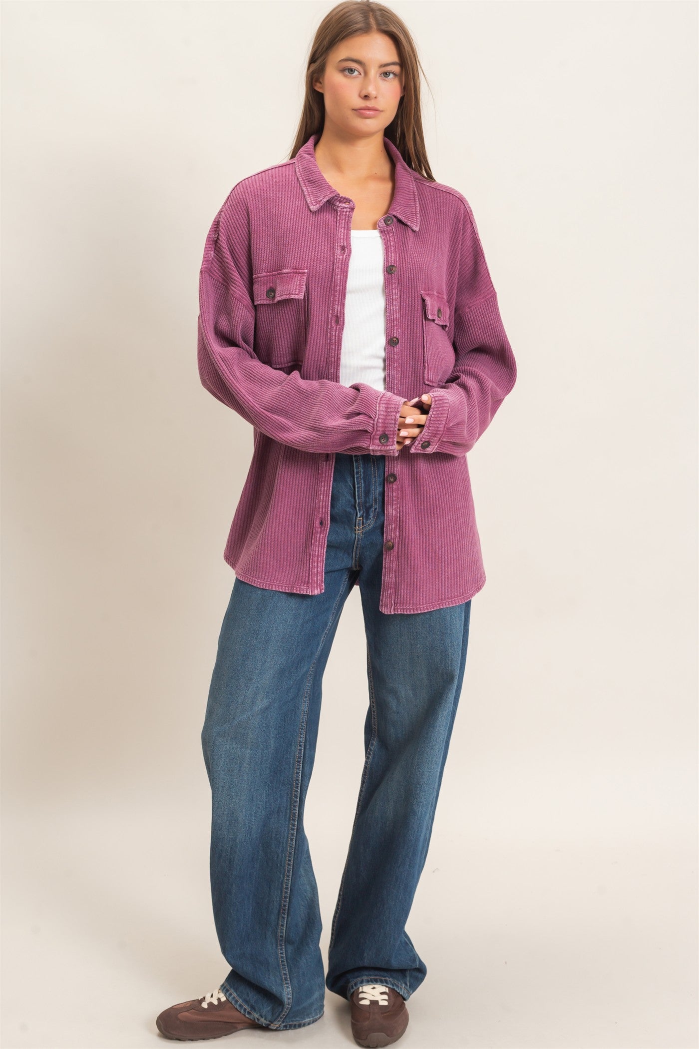 Wholesale Mineral Wash Waffle Knit Button-Up Shacket Coats & Jackets DZ26E249 DARK CHERRY DOUBLE ZERO