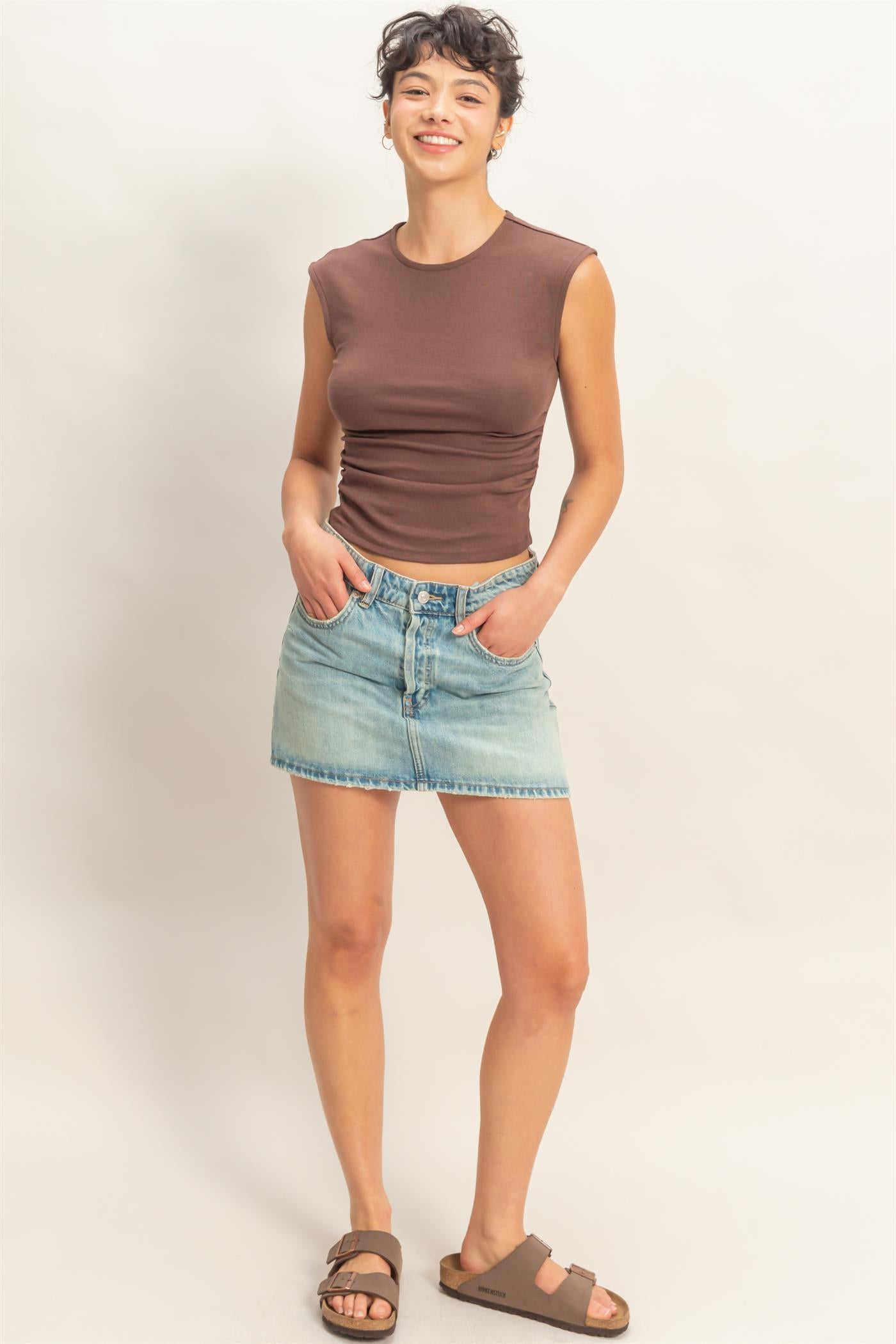 Wholesale Ruched Waist Cap Sleeve Top Clothing Tops DZ26A889 CHOCOLATE DOUBLE ZERO