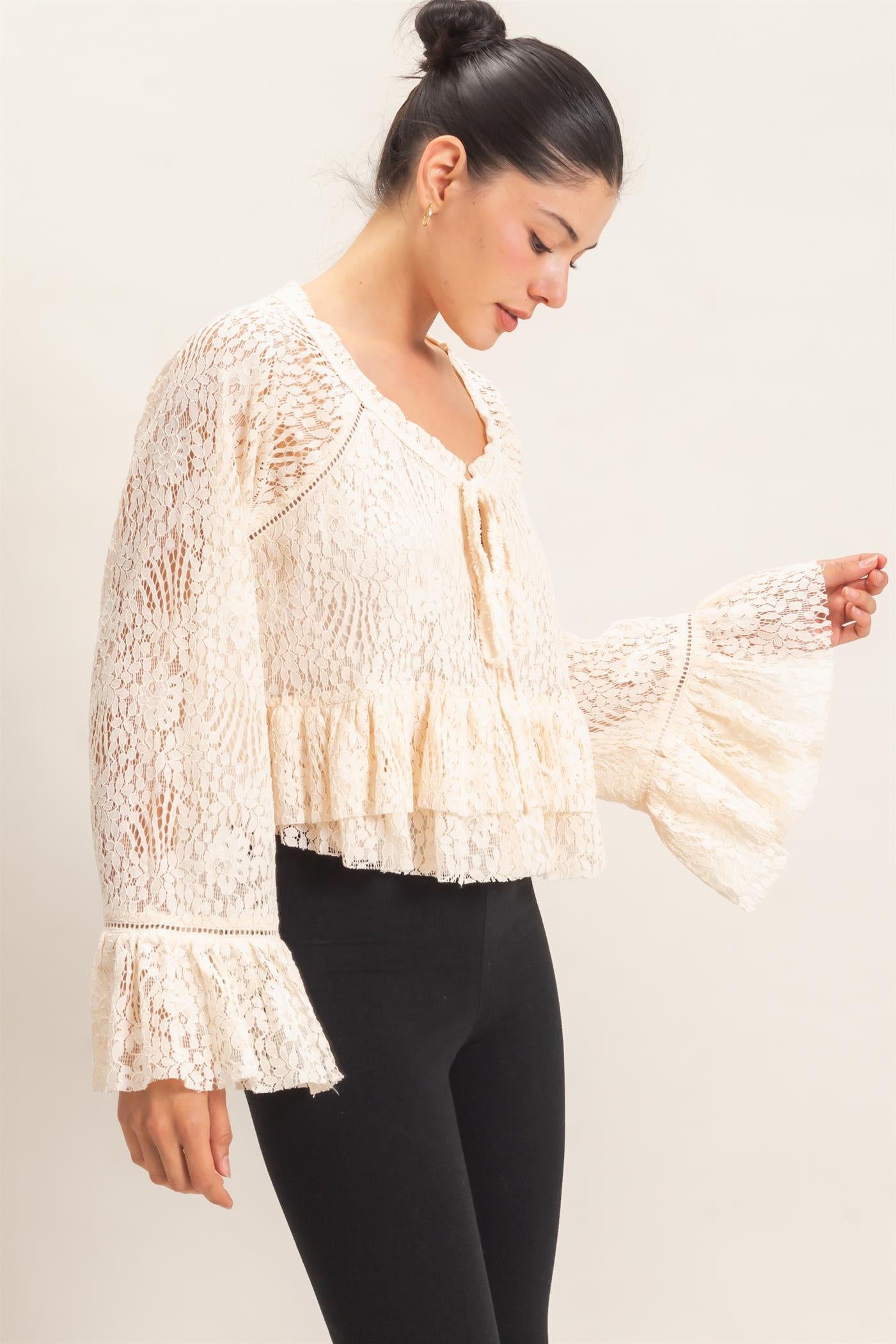 Wholesale Lace Bell Sleeve Top Blouses HF26C768 CREAM HYFVE