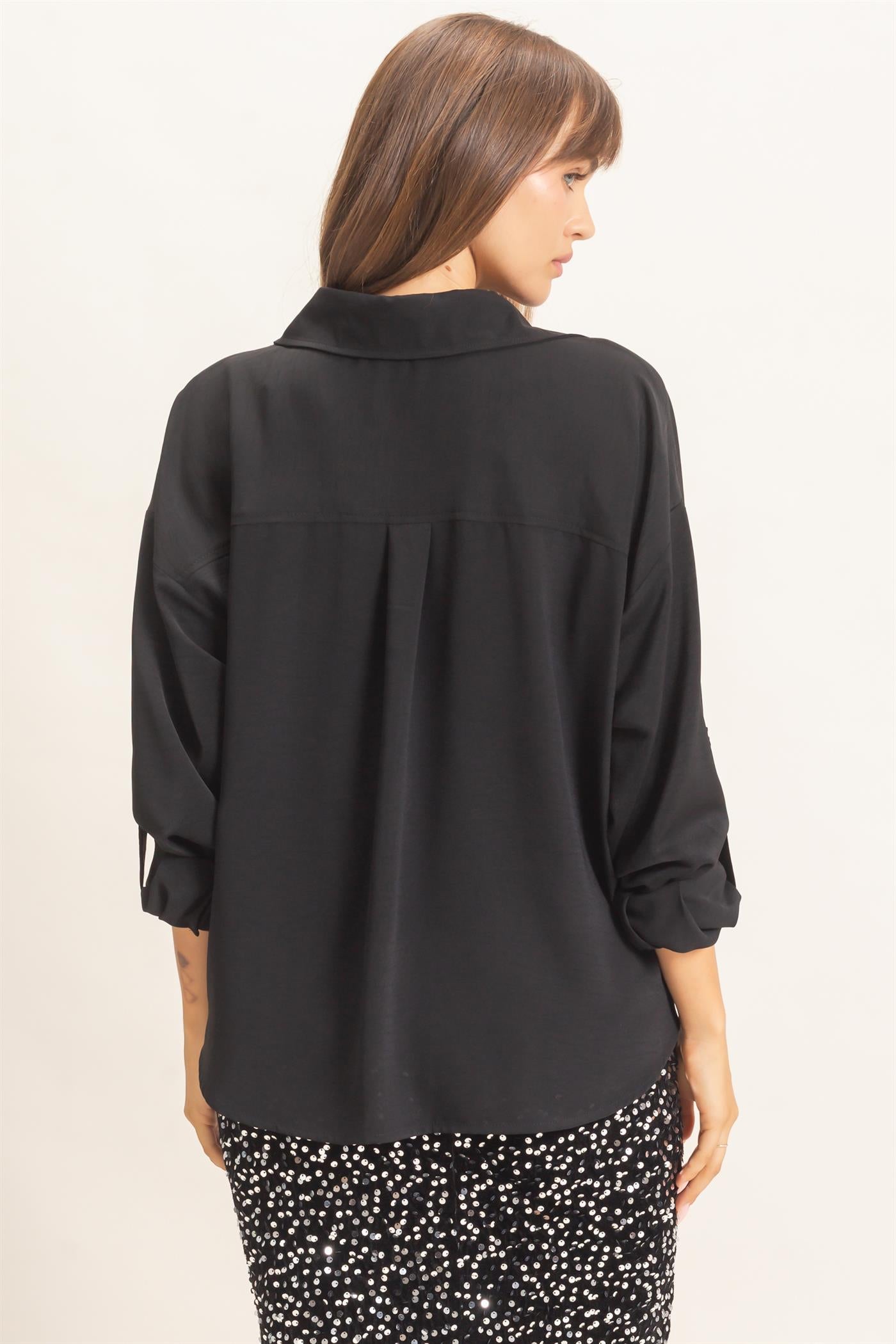 Wholesale Button-Up Dolman Sleeve Top Shirts HF26F070 BLACK HYFVE