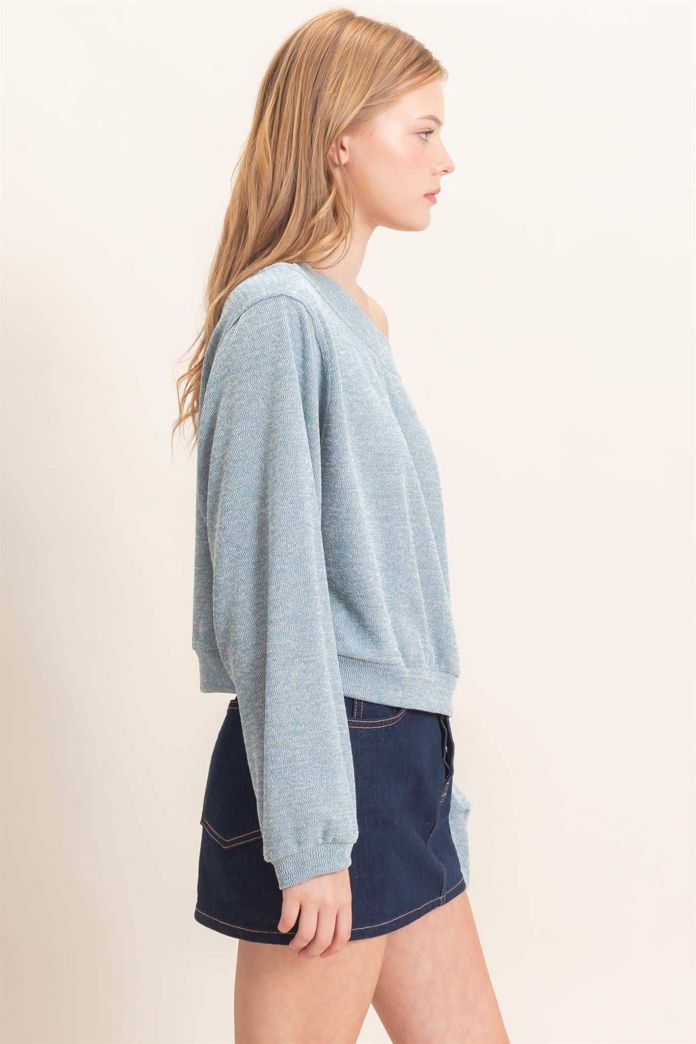 Wholesale Off Shoulder Knit Sweatshirt Blouses HF26F028 BLUE HYFVE