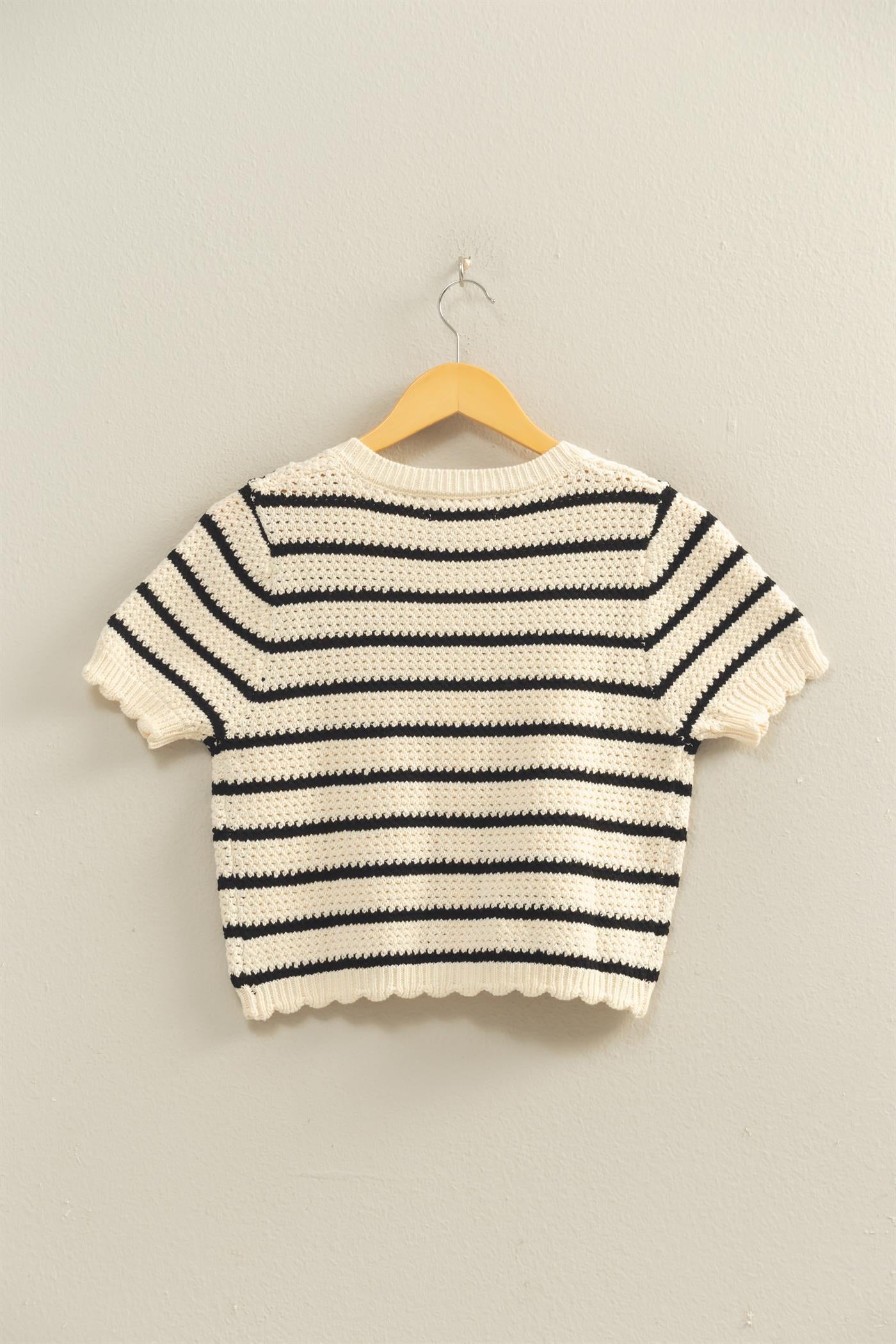 Wholesale Striped Short Sleeve Cardigan With Scallop Edge Cardigans DZ26A605 BLACK DOUBLE ZERO