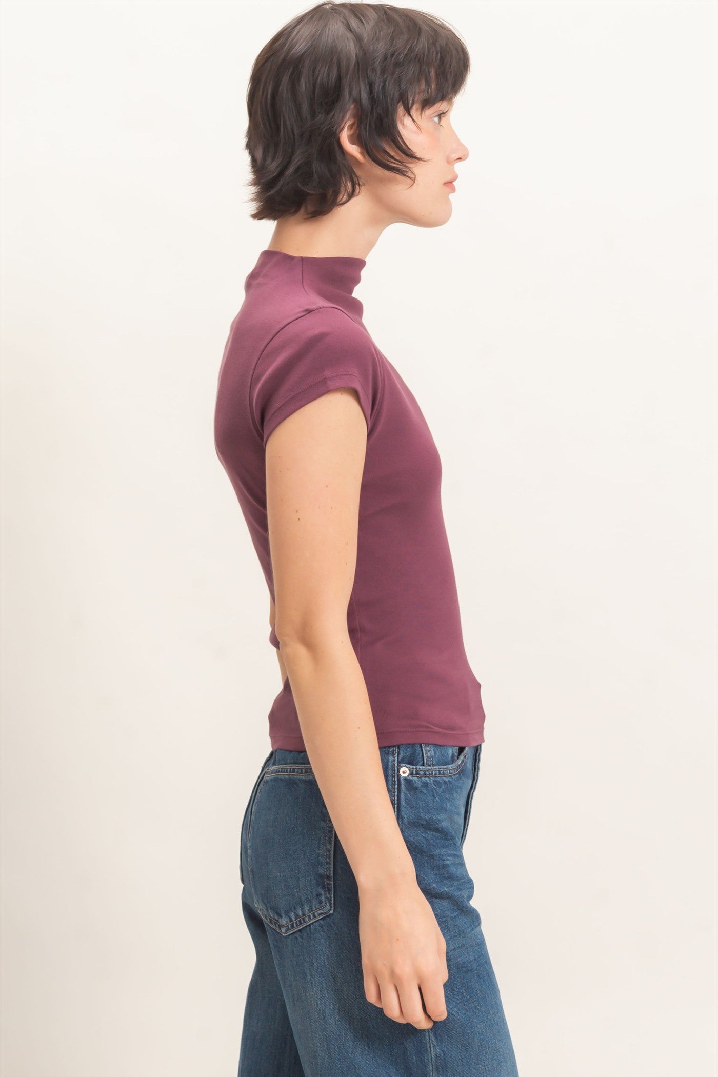 Wholesale Mock Neck Cap Sleeve Top Clothing Tops DZ26E323 DARK CHERRY DOUBLE ZERO