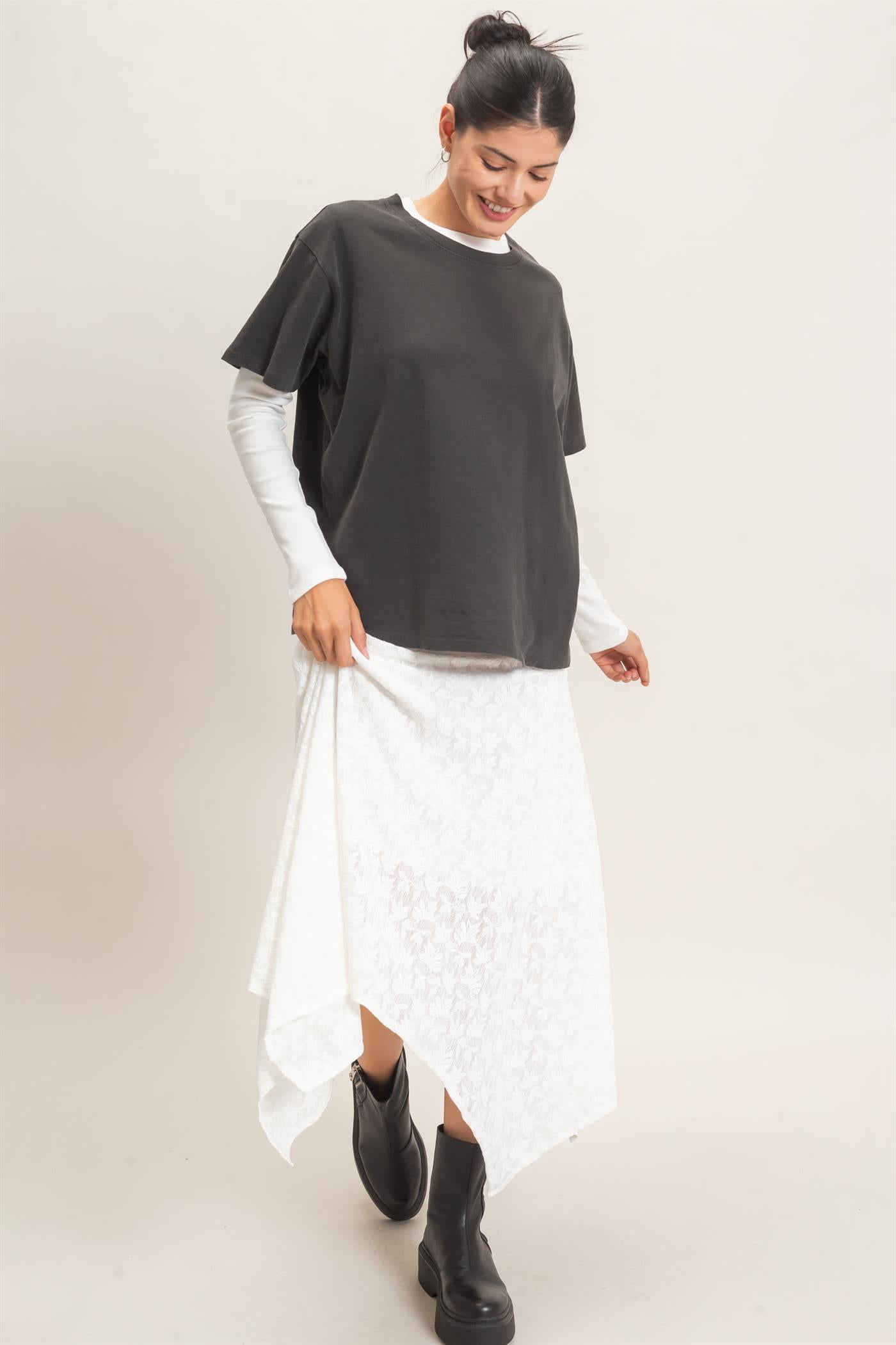 Wholesale Floral Lace Hanky Hem Skirt Skirts HF26E371 OFF WHITE HYFVE