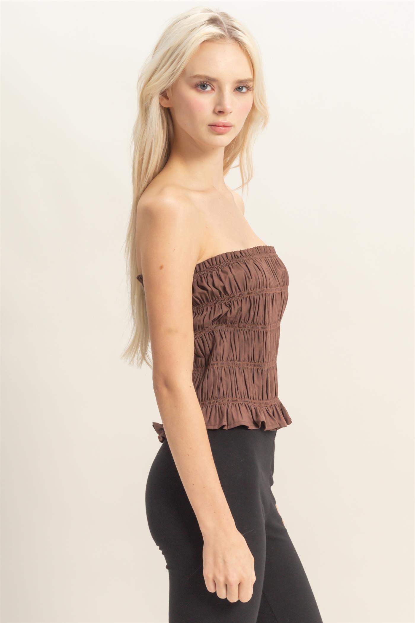 Wholesale Smocked Ruffle Tube Top Clothing Tops DZ26C282 CHOCOLATE DOUBLE ZERO