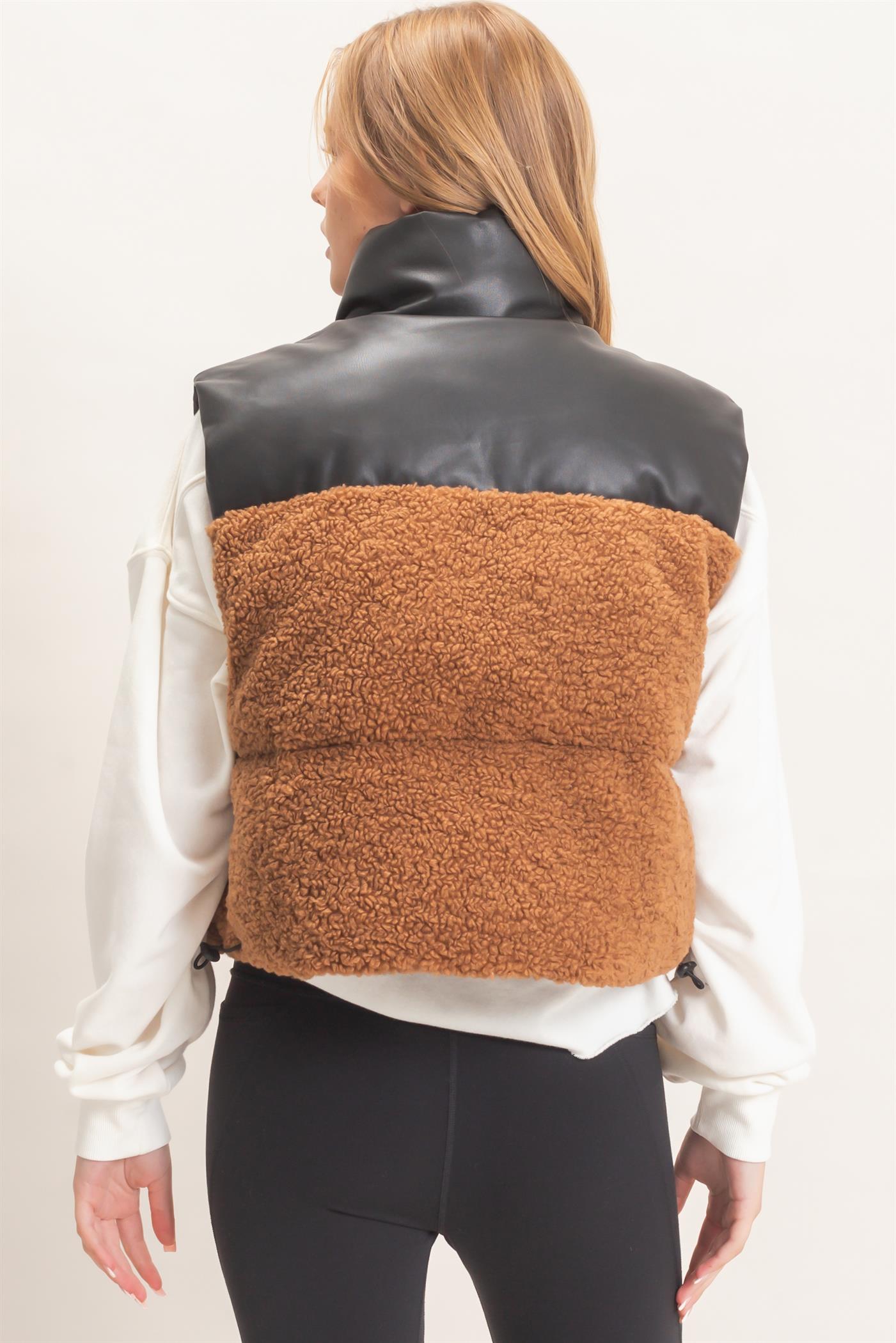 Wholesale Faux Fur & Pu Padded Vest Outerwear HF26F204 LIGHT BROWN HYFVE